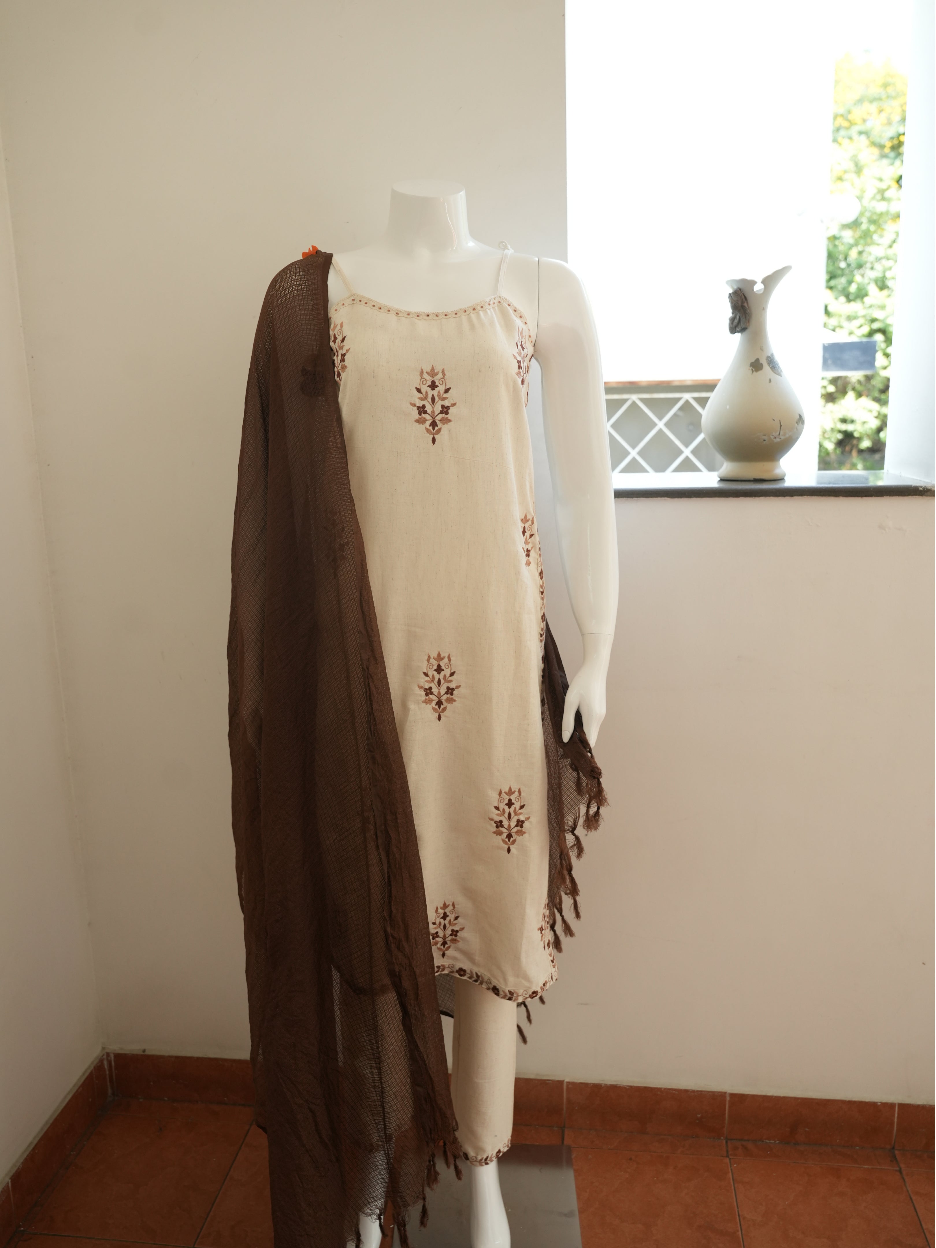 Brown and Blue with Flower Printed Chikankari 3 Piece Salwar Set
