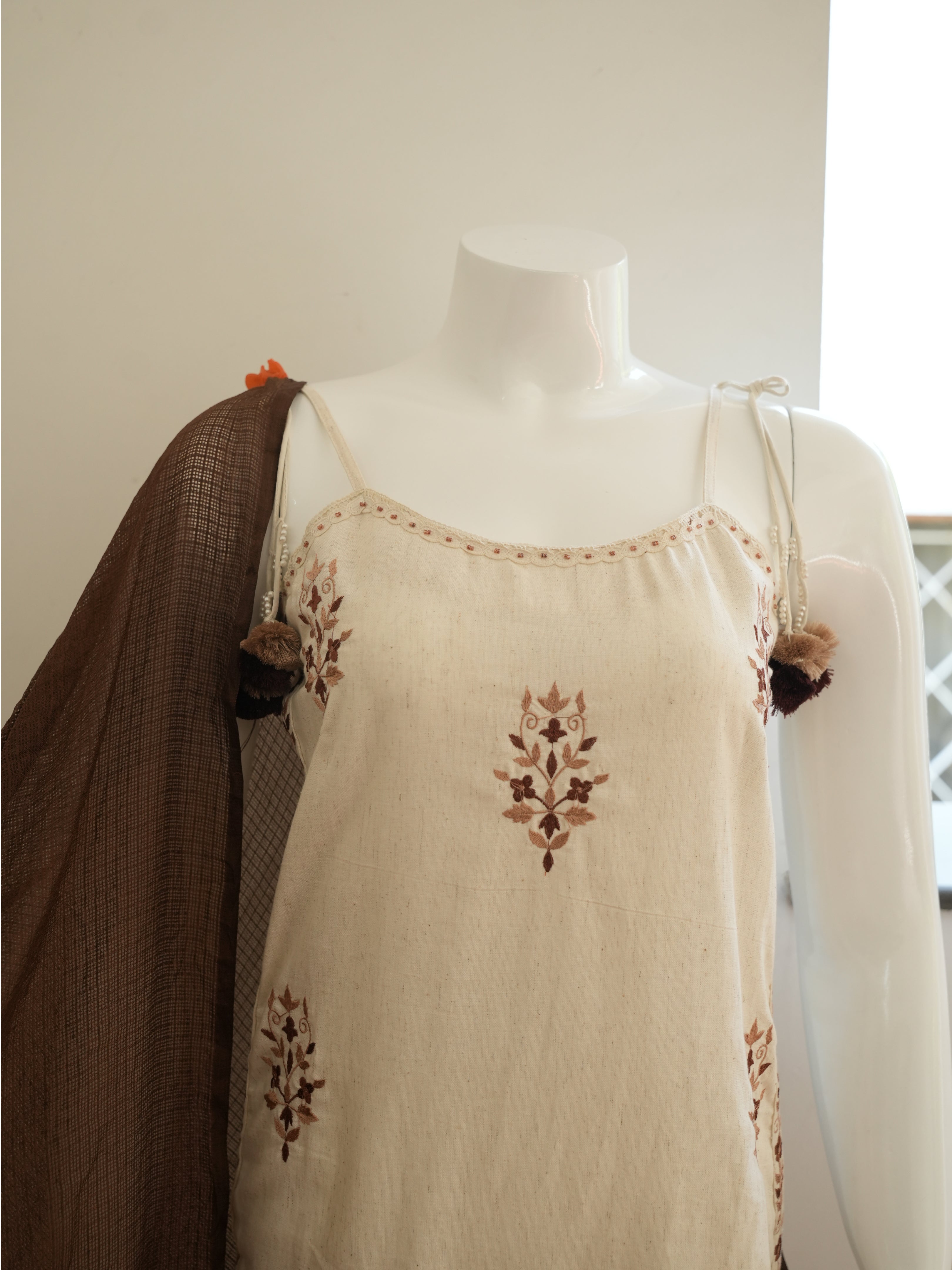 Brown and Blue with Flower Printed Chikankari 3 Piece Salwar Set