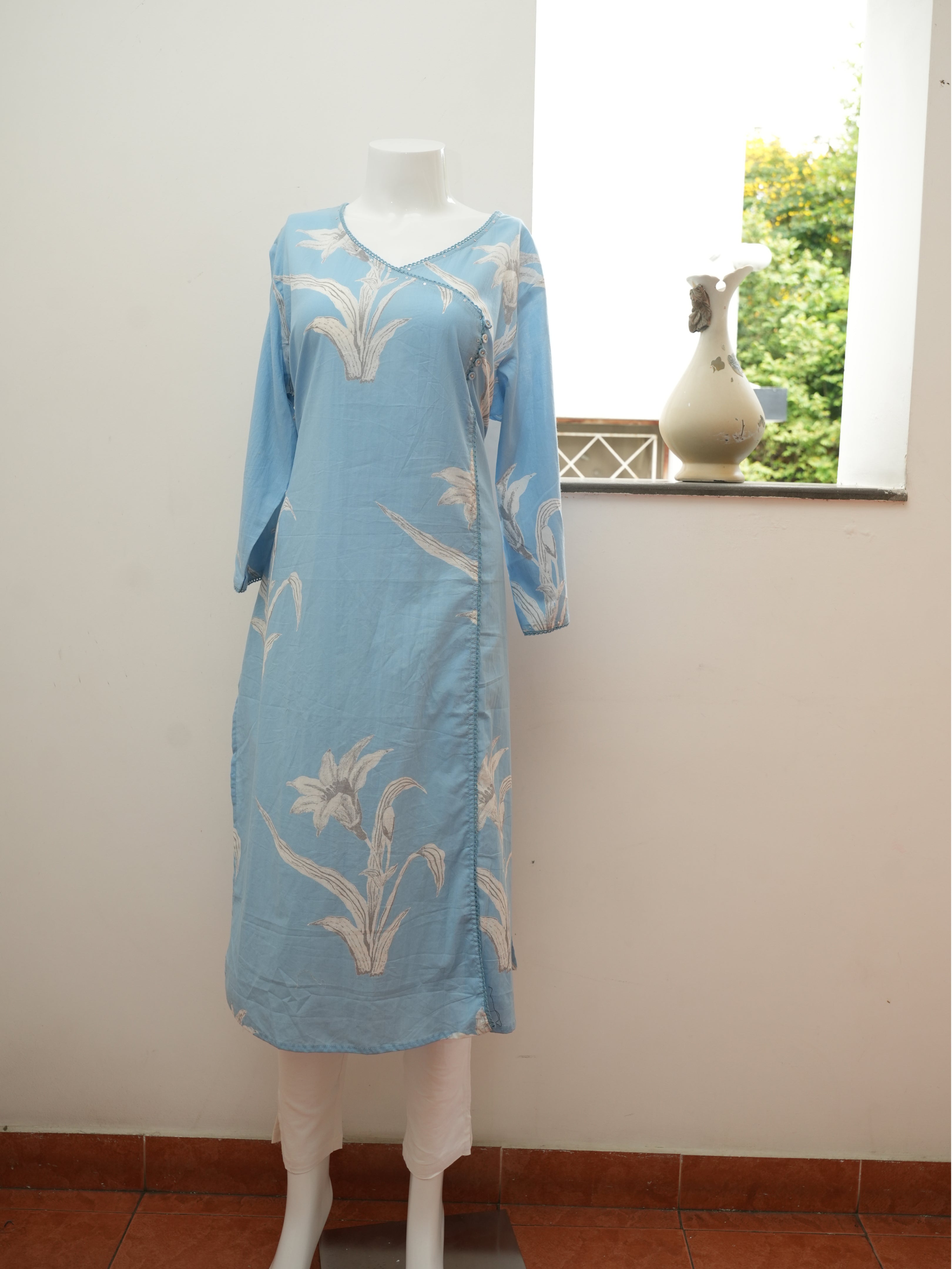 Sky Blue With White Flower Printed 1 Piece Long Kurtha