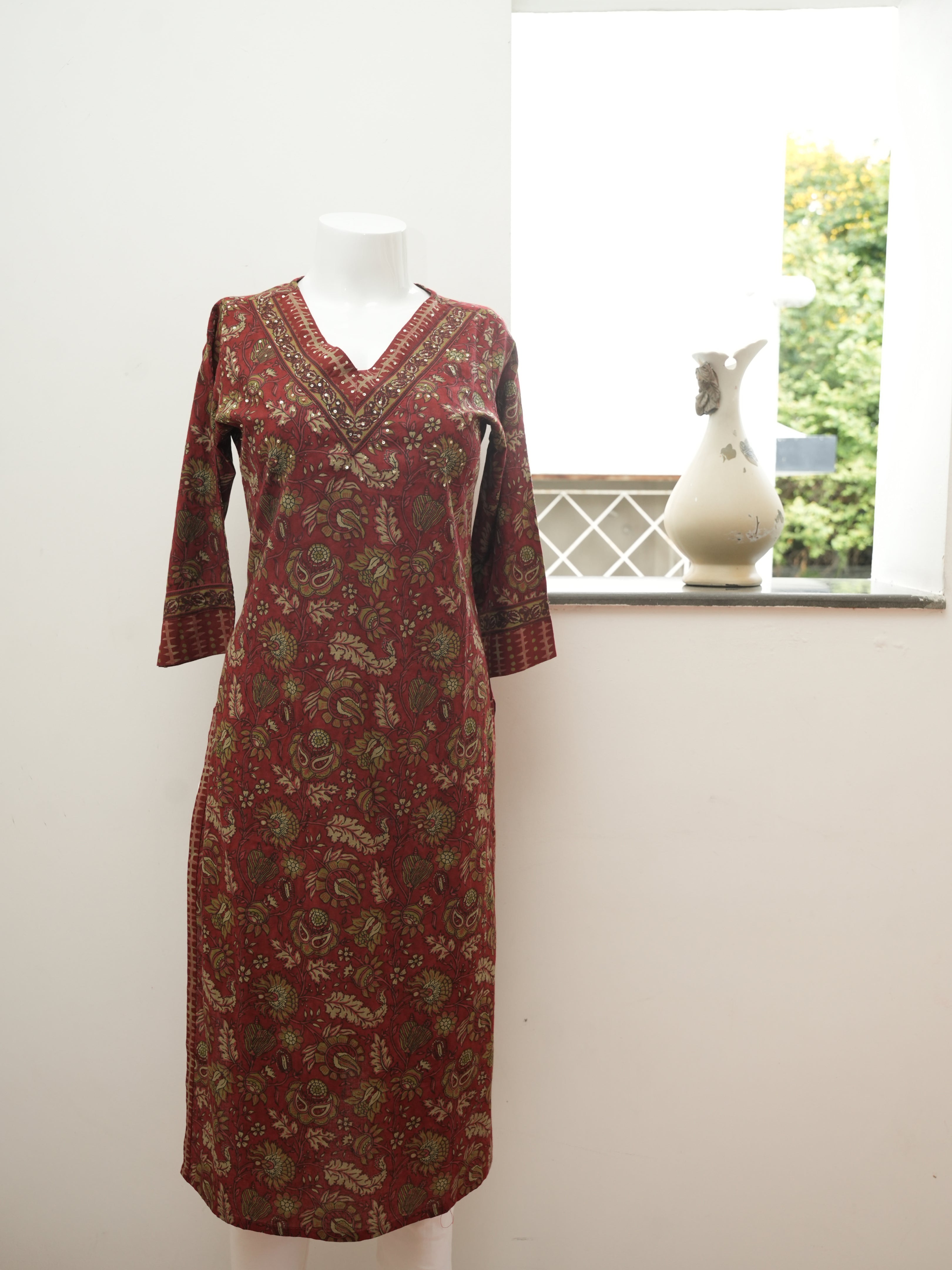 Brick Red Flower Print 1 Piece Kurtha