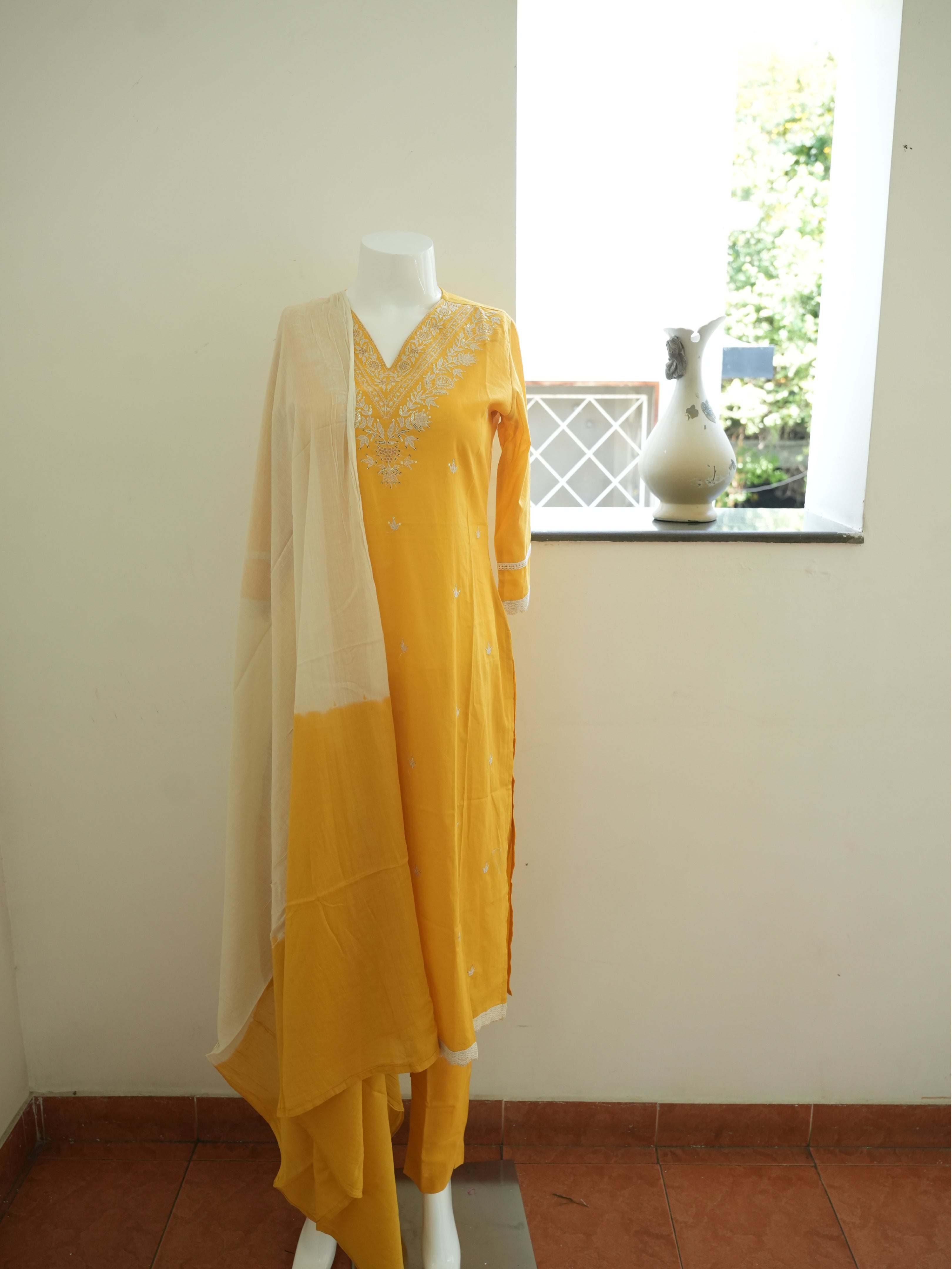 Yellow With White Flower Print 3 Piece Salwar Set