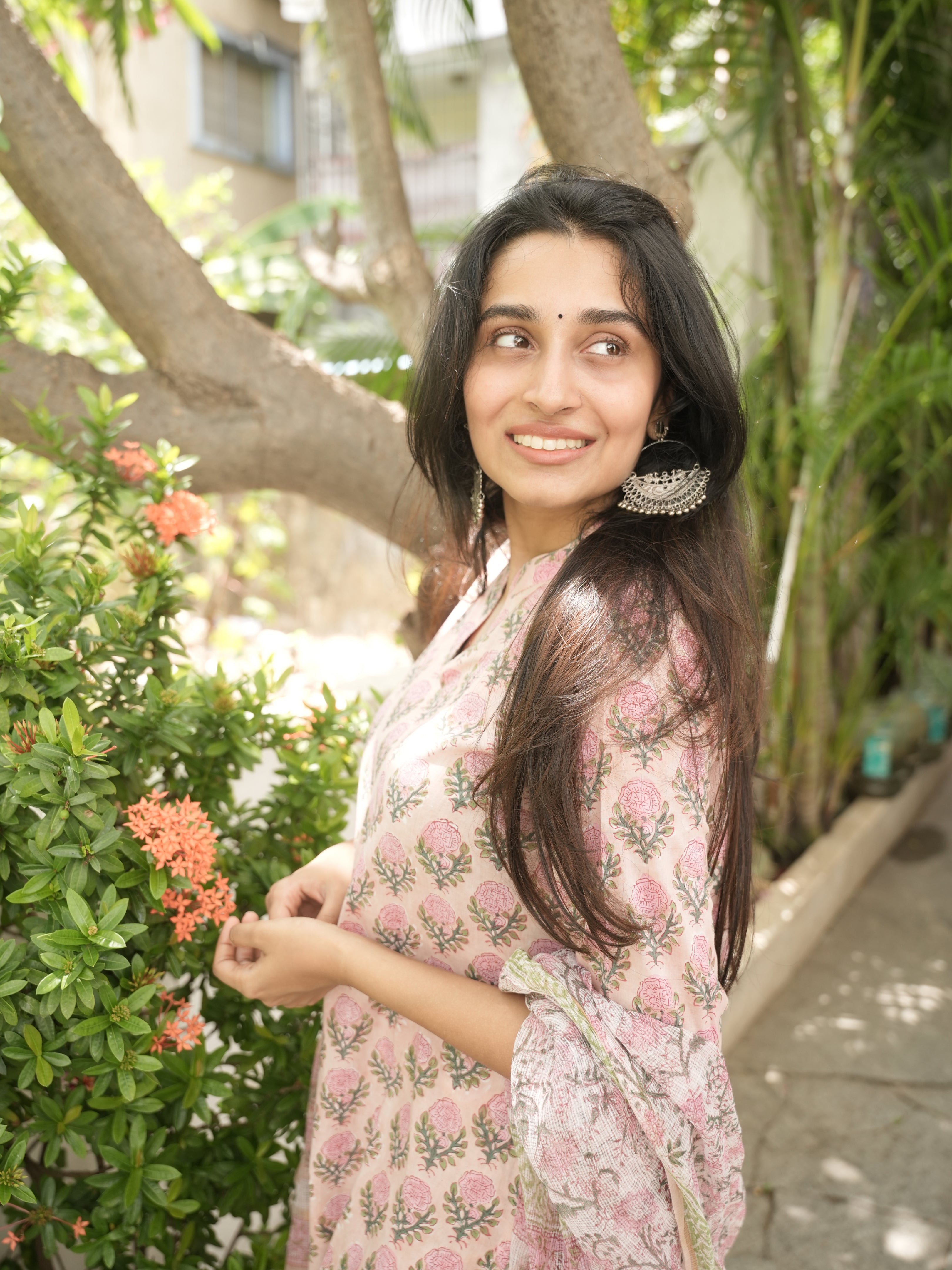 Pink Flower Print 3 Piece salwar set With Kota Dori Duppatta