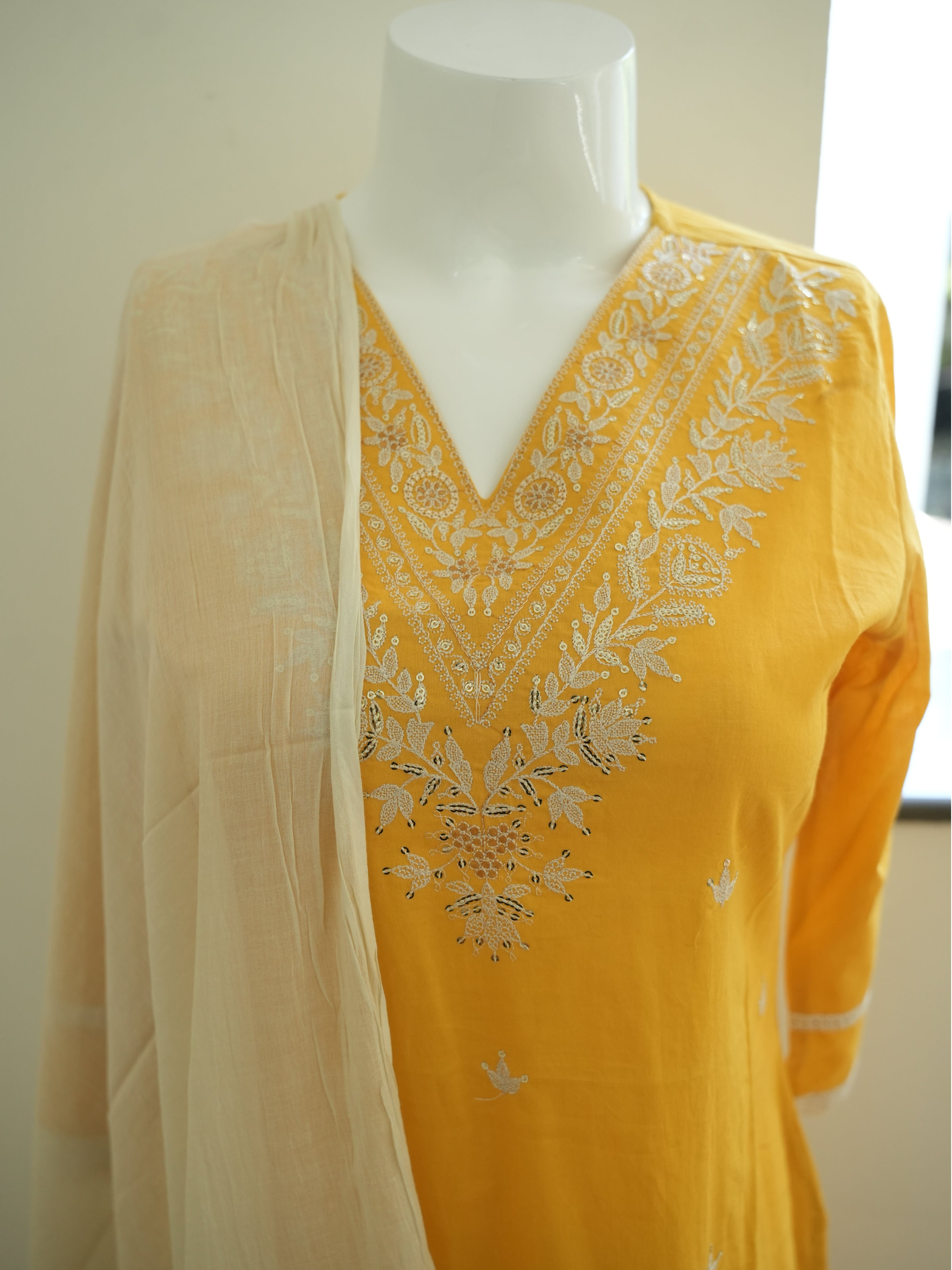 Yellow With White Flower Print 3 Piece Salwar Set