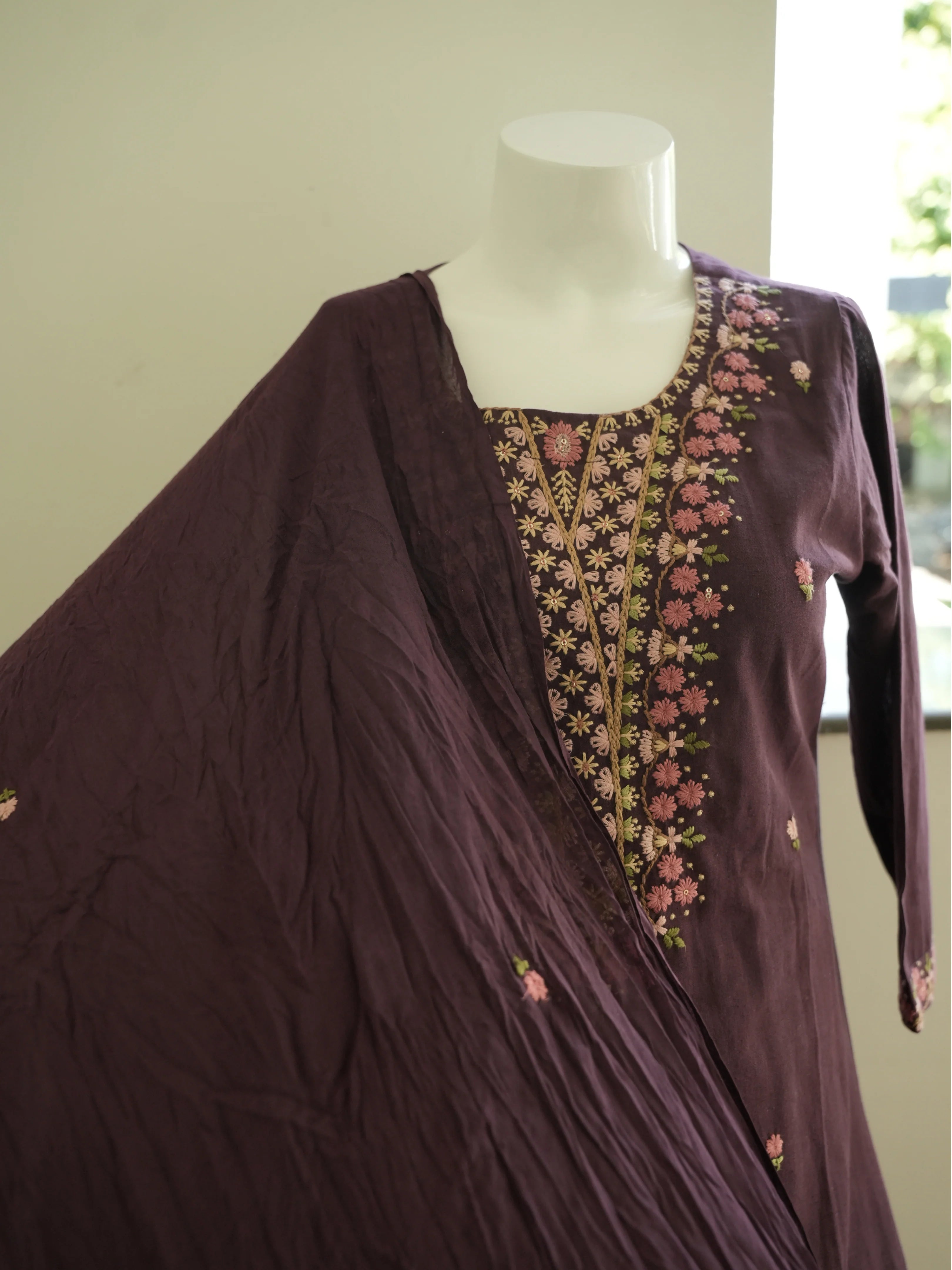 Off White ,Deep Mauve and Purple 3 Piece Salwar Set Embroidery With Dupatta
