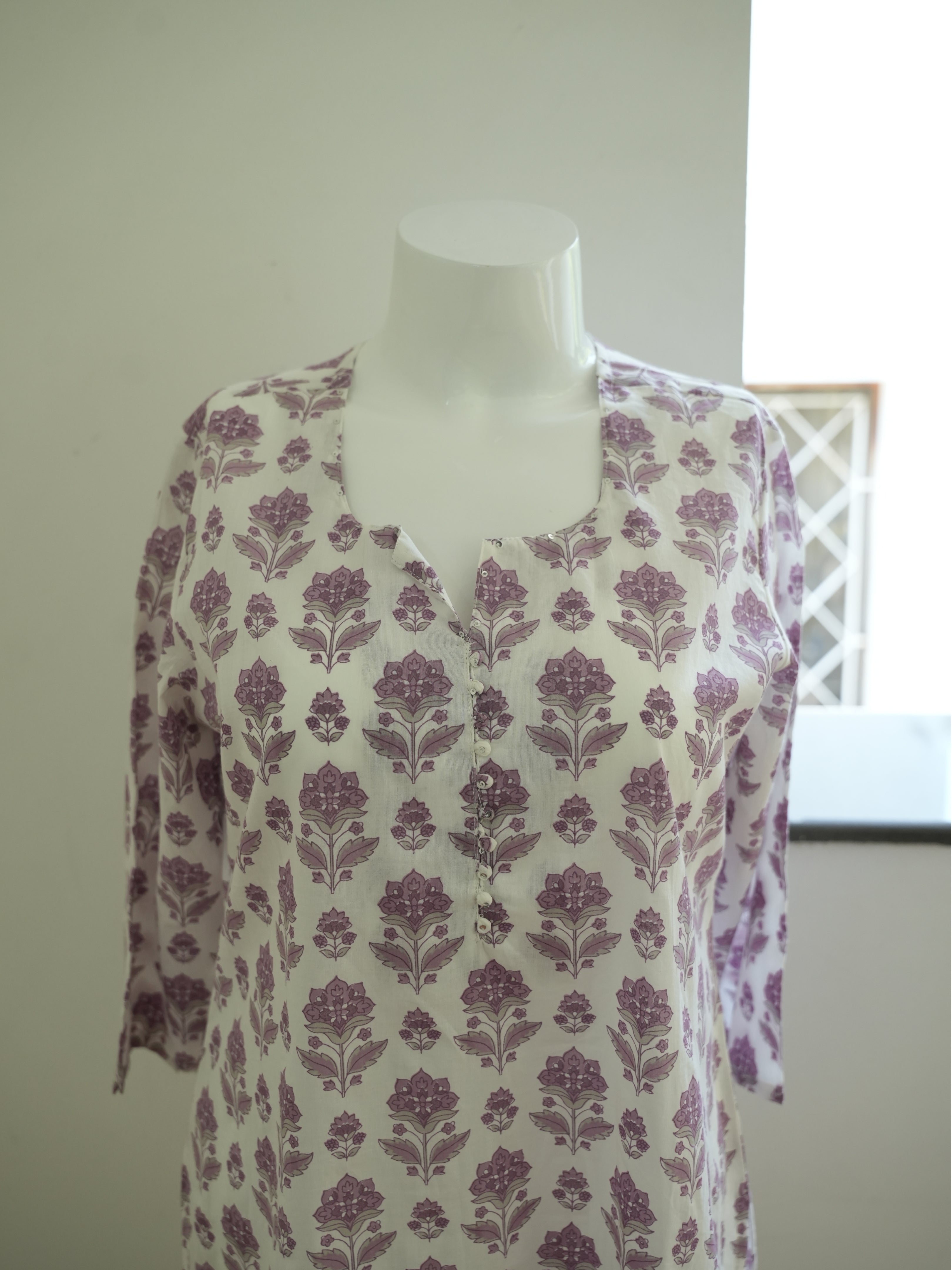 White With Purple Flower Print 1 Piece Long Kurtha