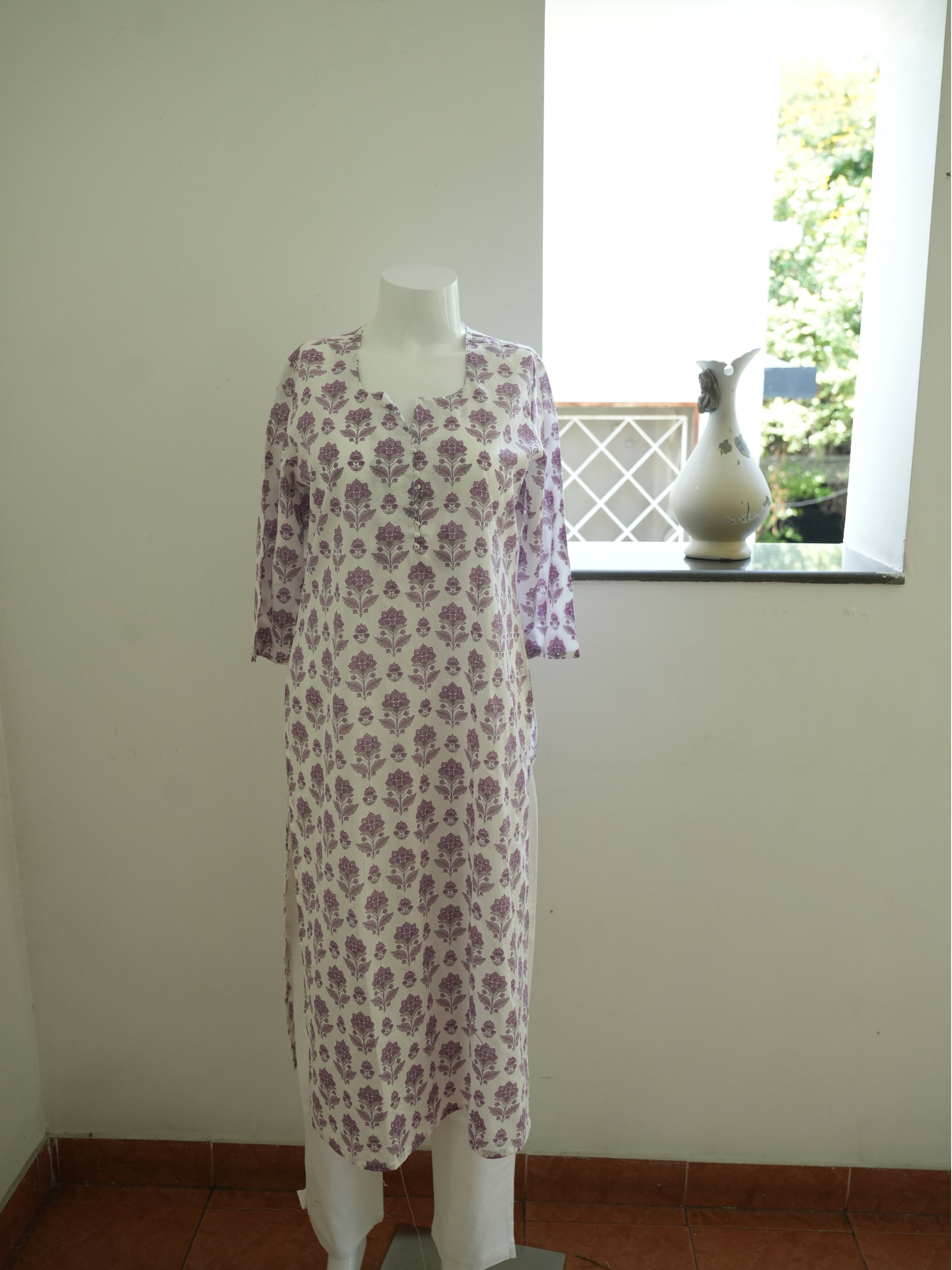 White With Purple Flower Print 1 Piece Long Kurtha