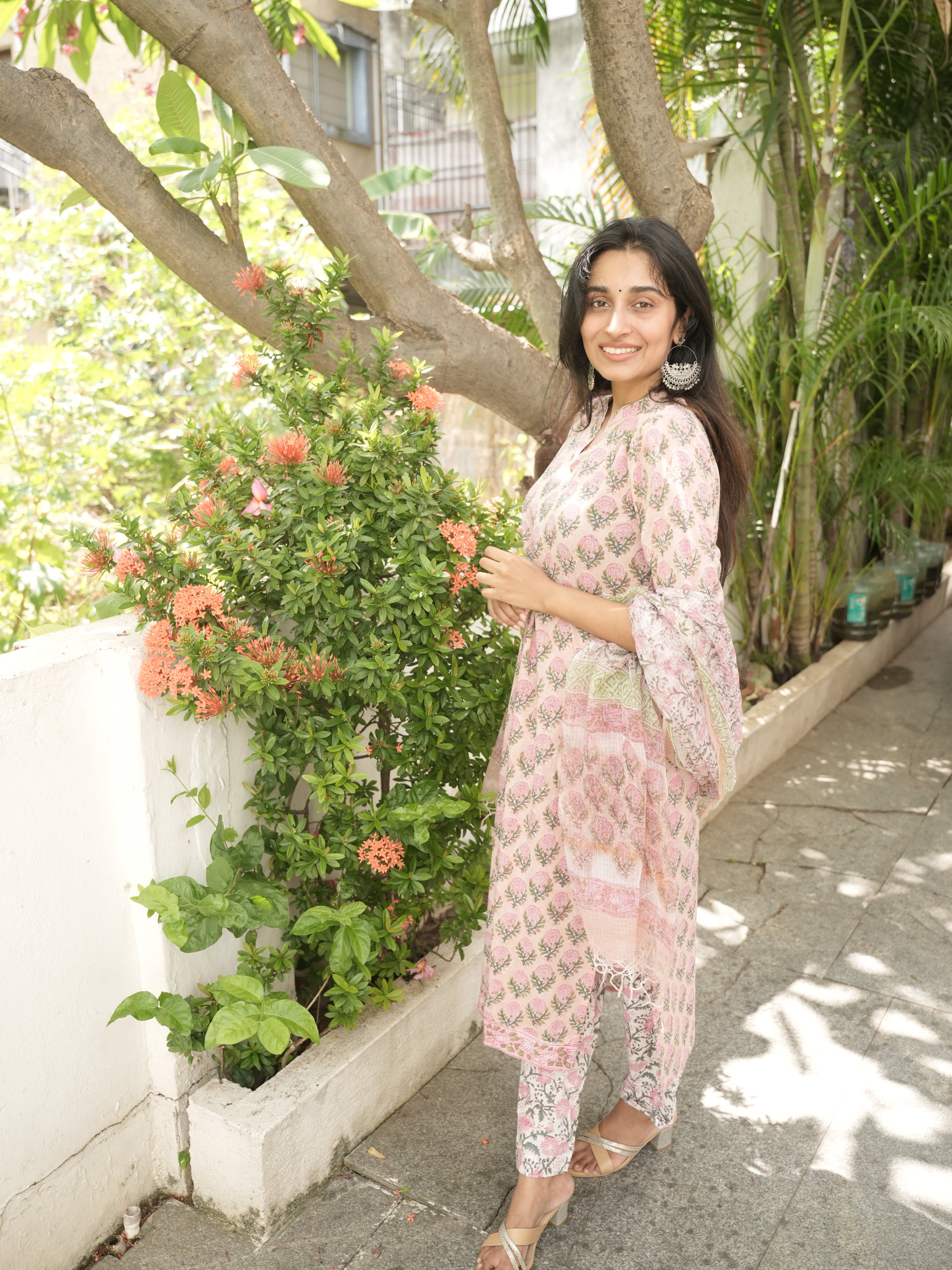 Pink Flower Print 3 Piece salwar set With Kota Dori Duppatta