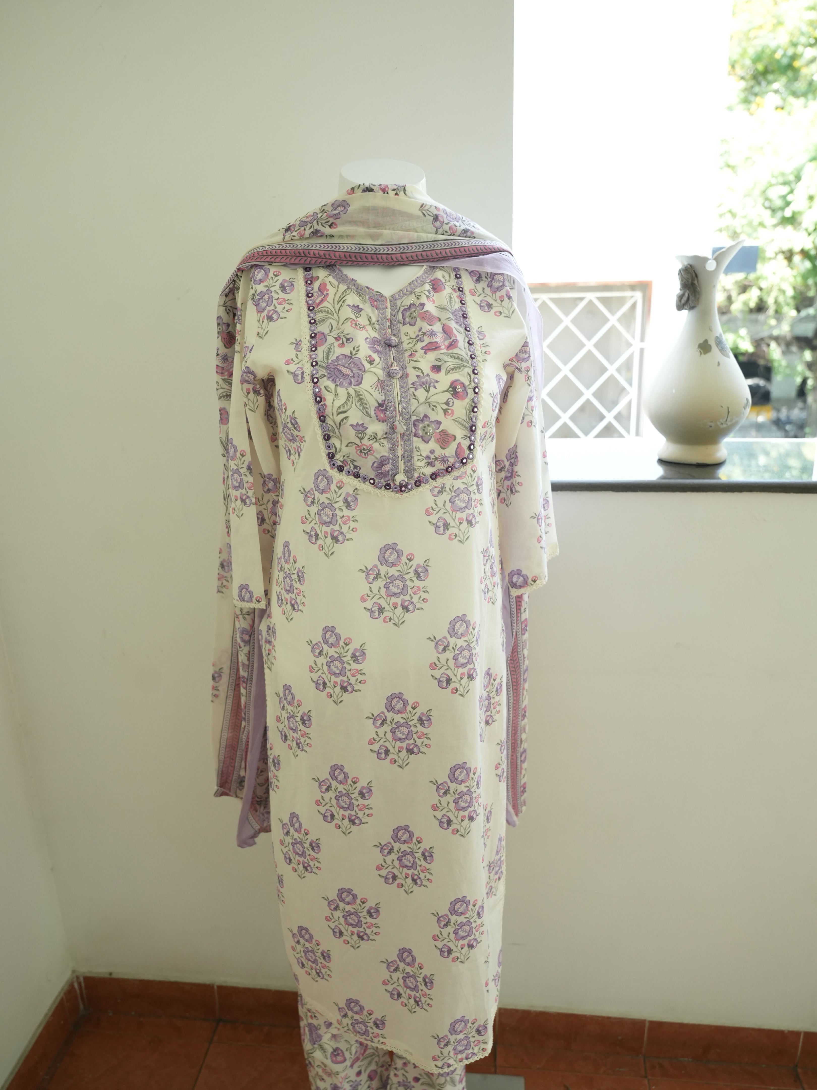 White With Purple Flower Print 3 Piece Salwar Set