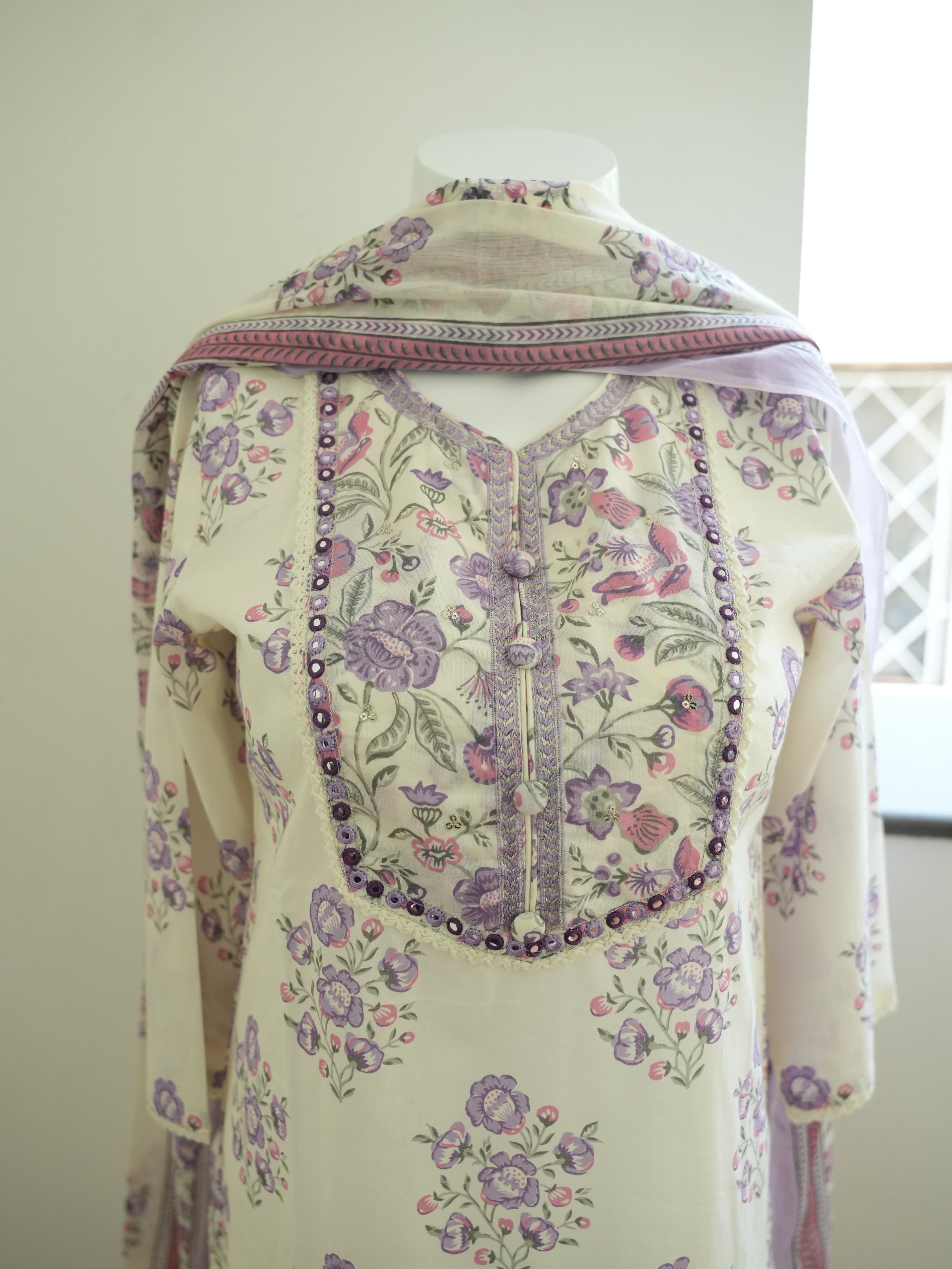 White With Purple Flower Print 3 Piece Salwar Set