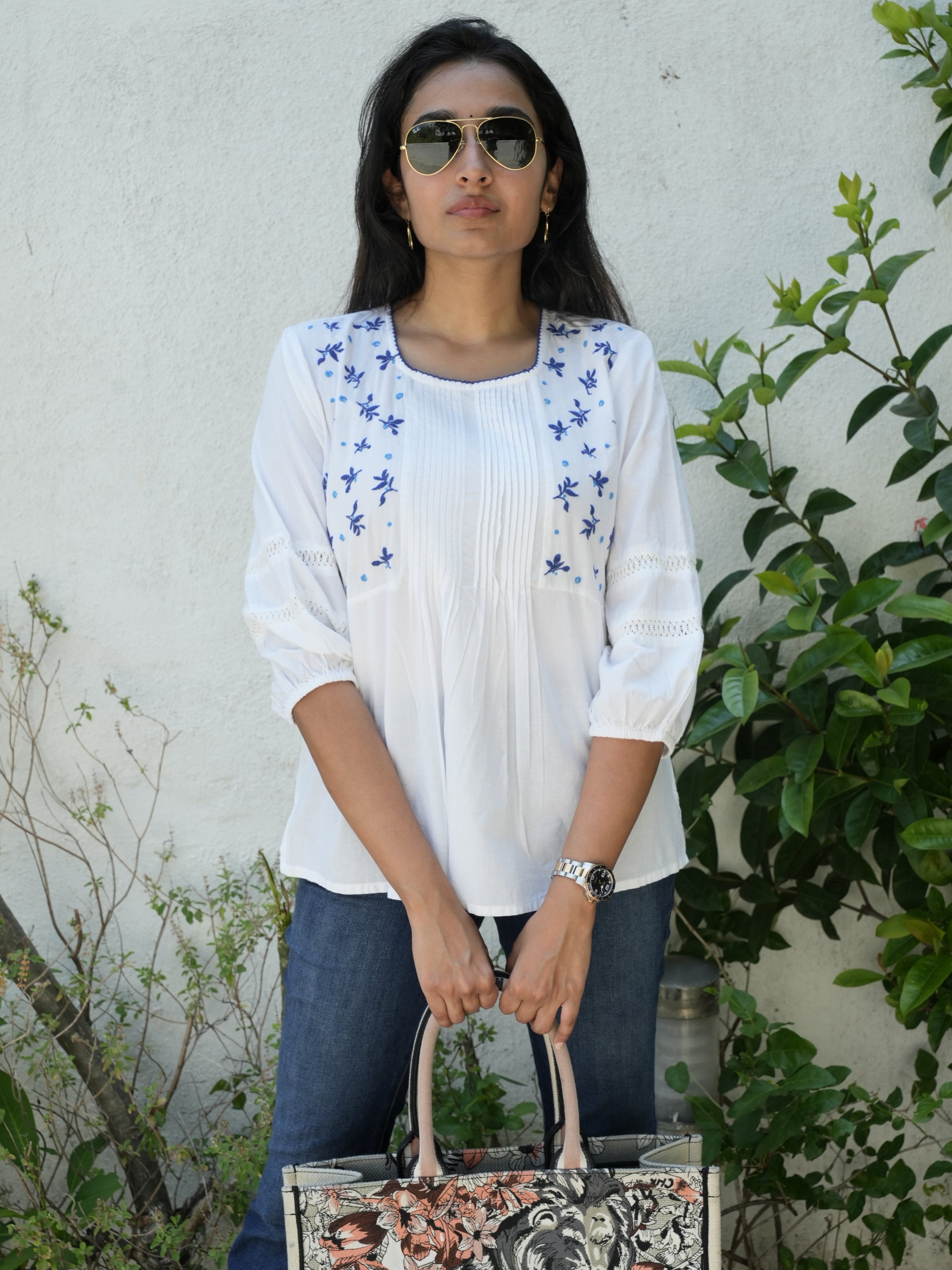 Front Pleet Short Kurti With Ink Blue Embroidery