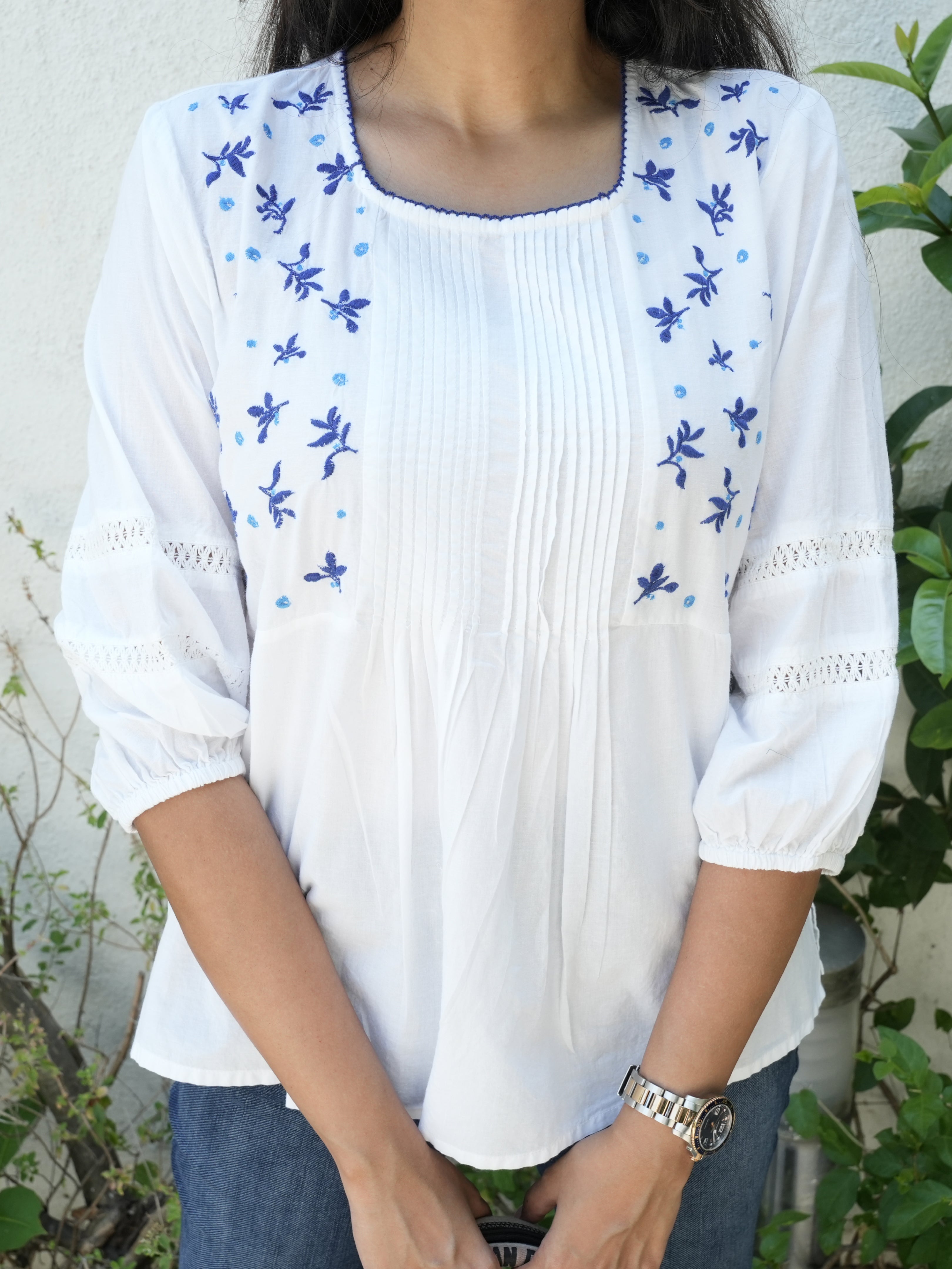 Front Pleet Short Kurti With Ink Blue Embroidery