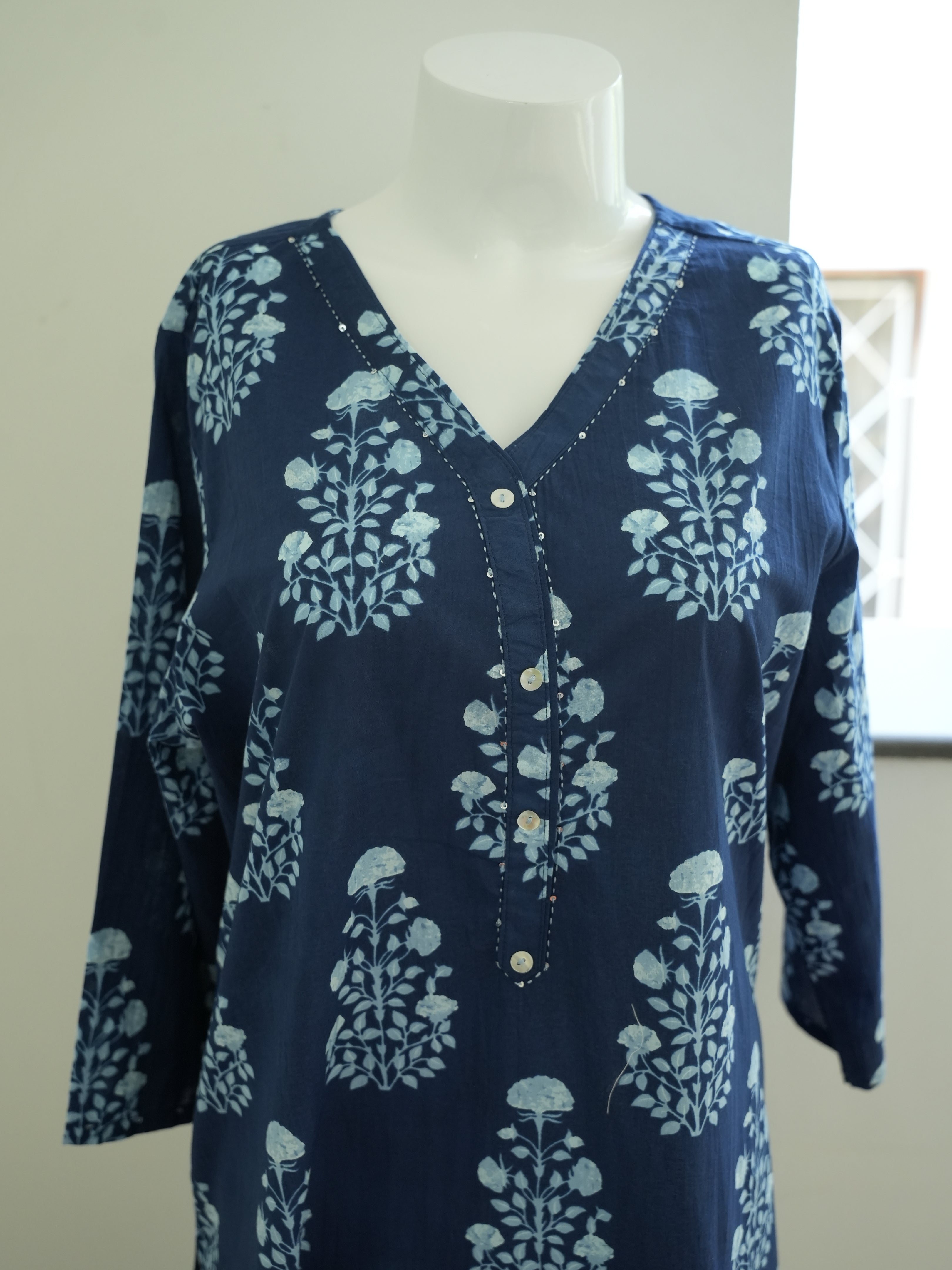 Blue Block Print 1 Piece Long Kurtha