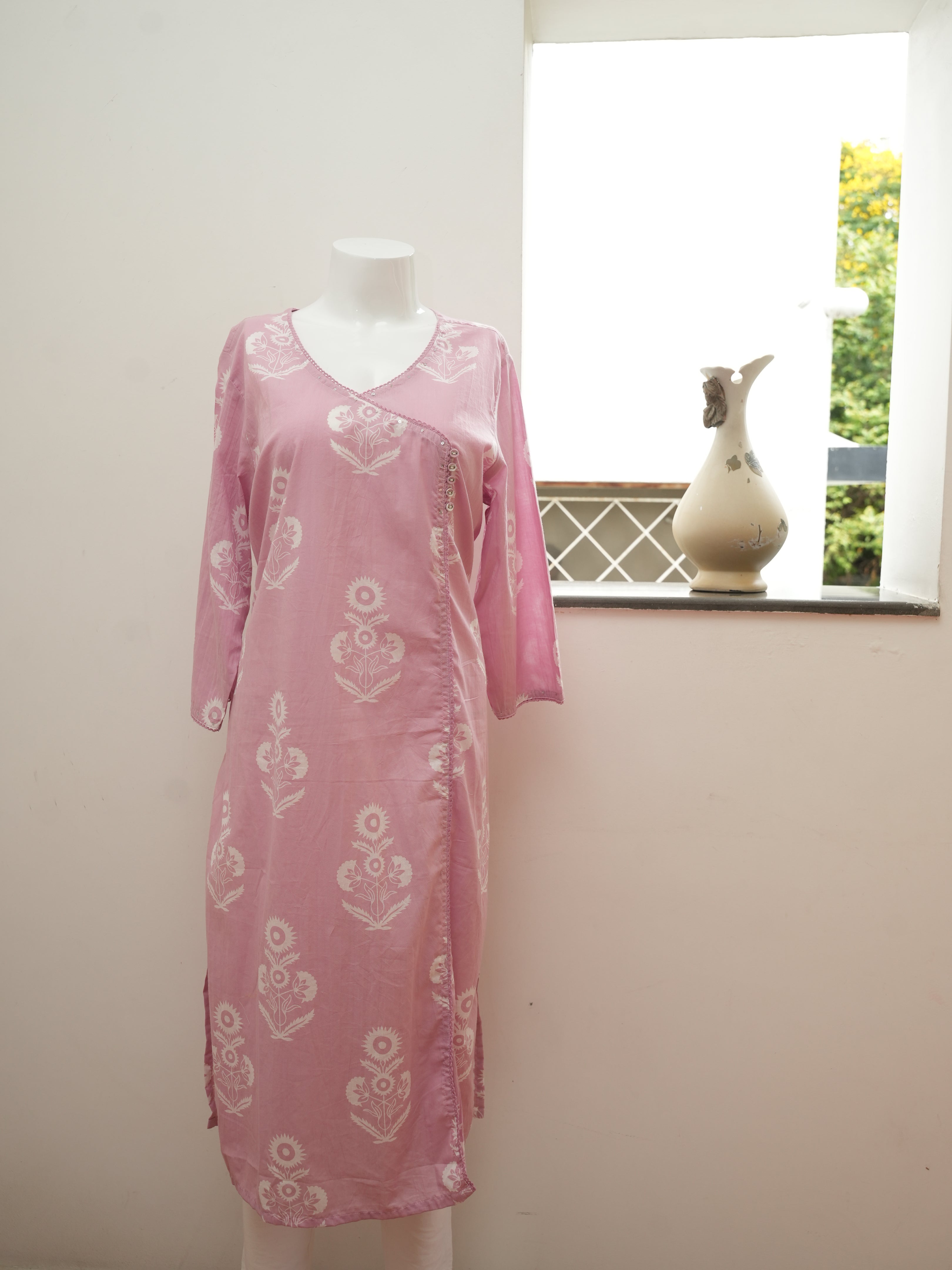 Pink Flower Print 1 Piece Long Kurtha