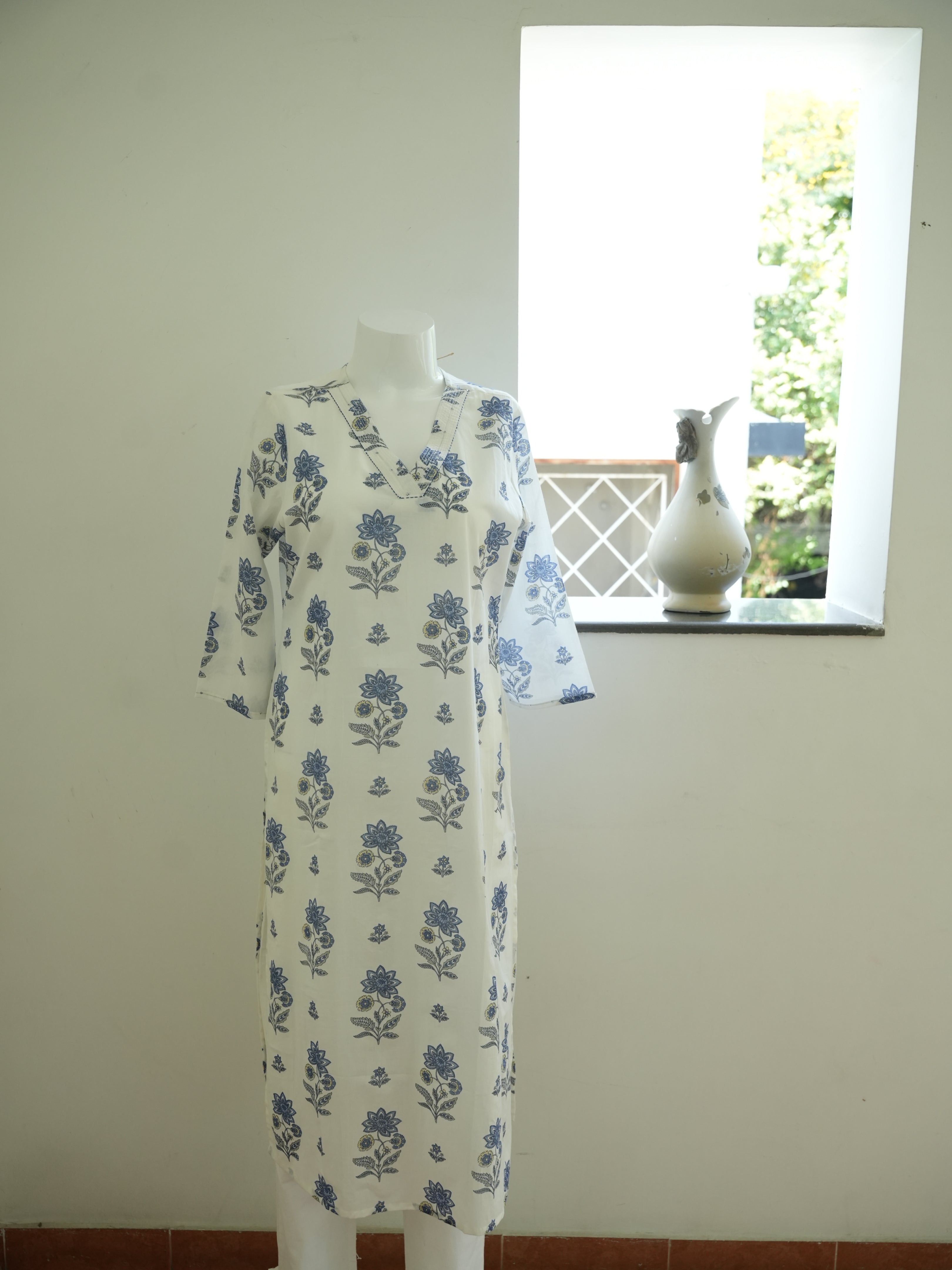 White With Blue Flower Print 1 piece Long Kurtha