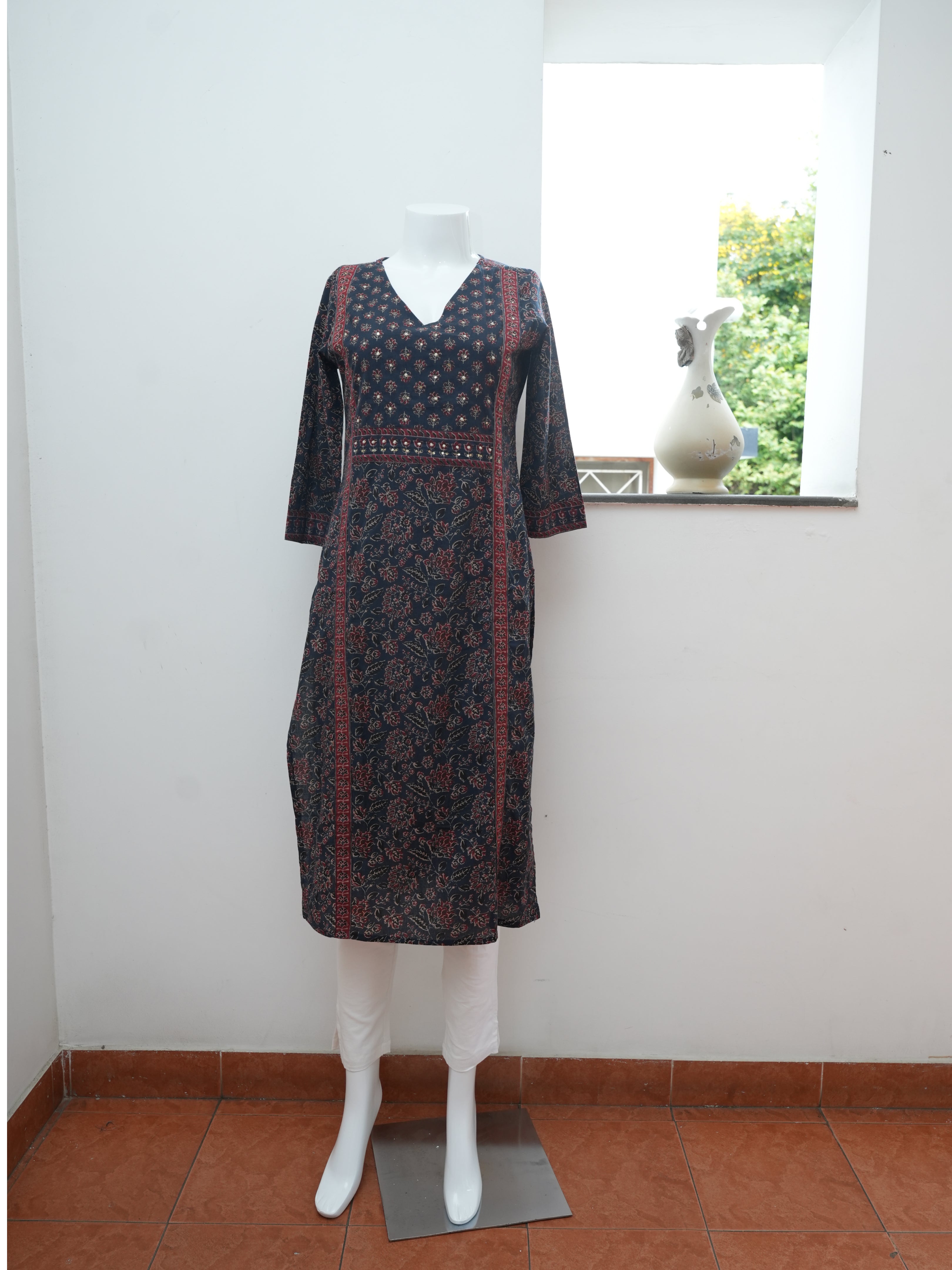 Dark Blue Flower Print 1 Piece Long Kurtha