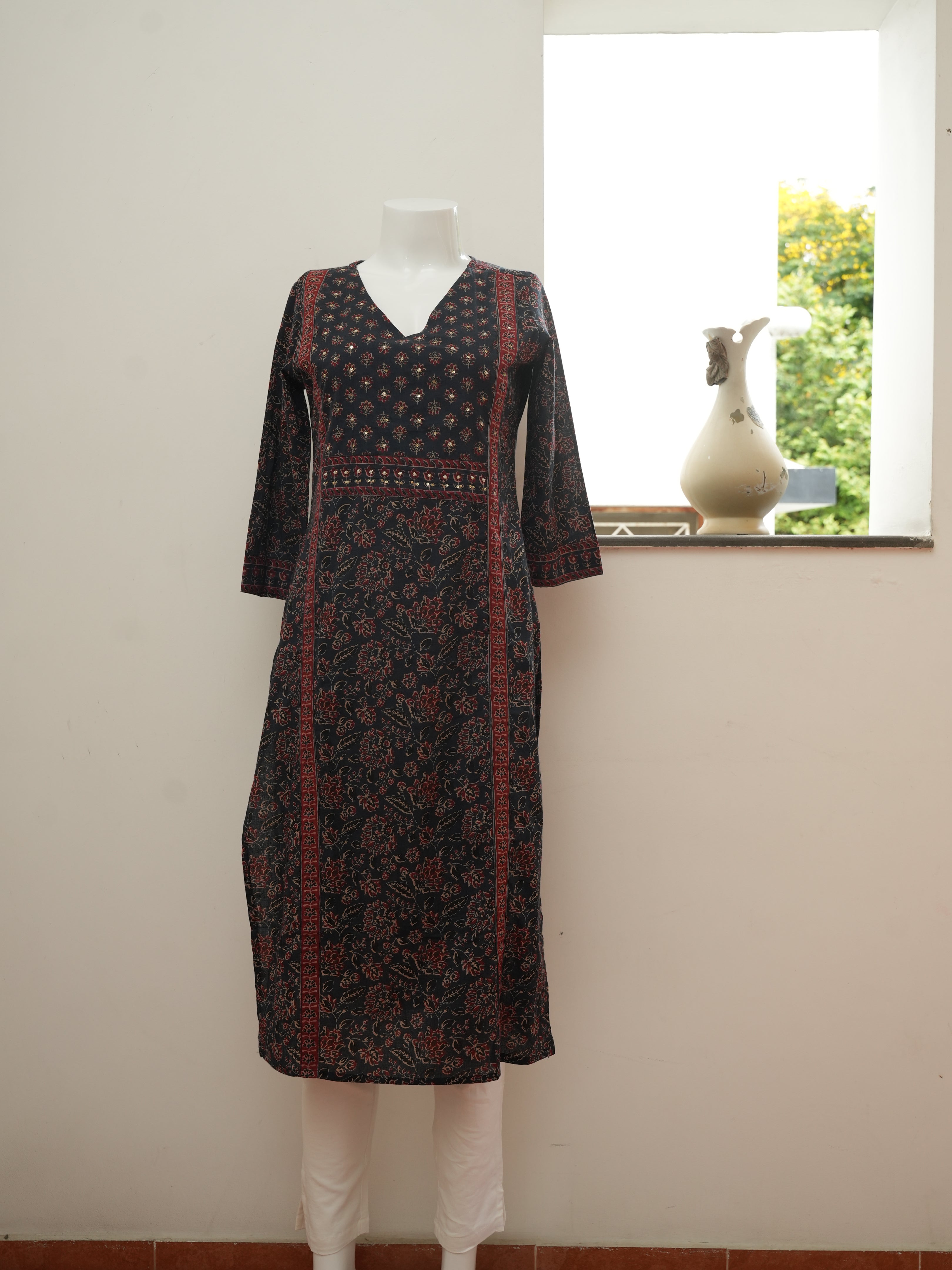 Dark Blue Flower Print 1 Piece Long Kurtha