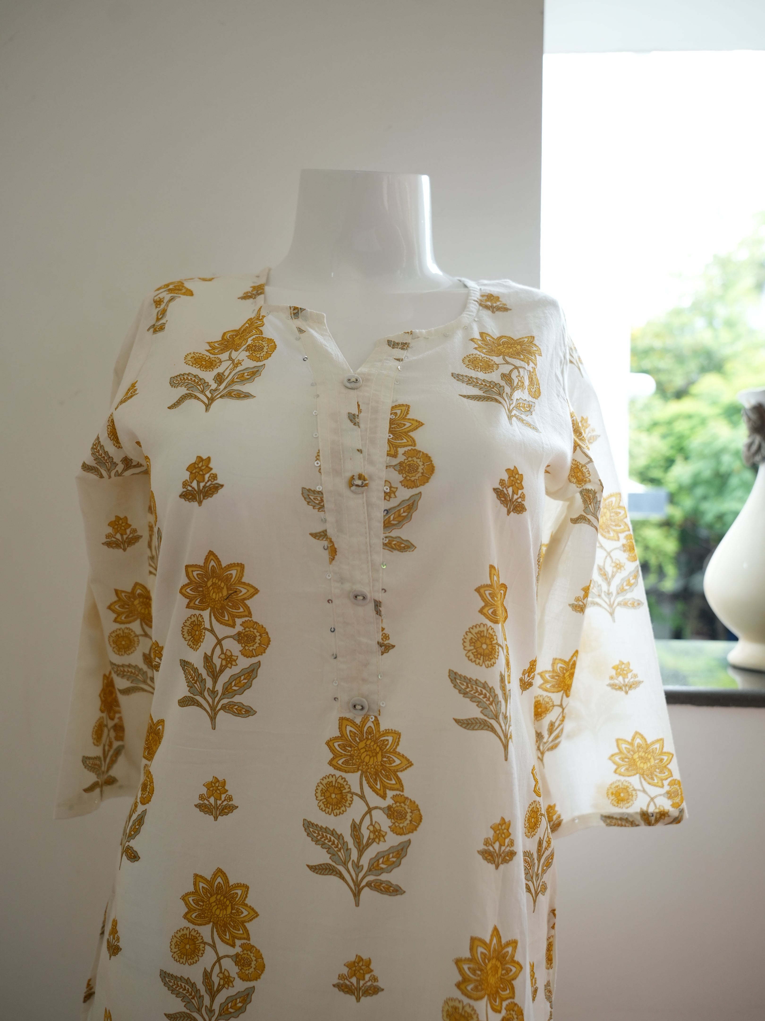 White With Yellow Flower Printed 1 Piece Long Kurtha