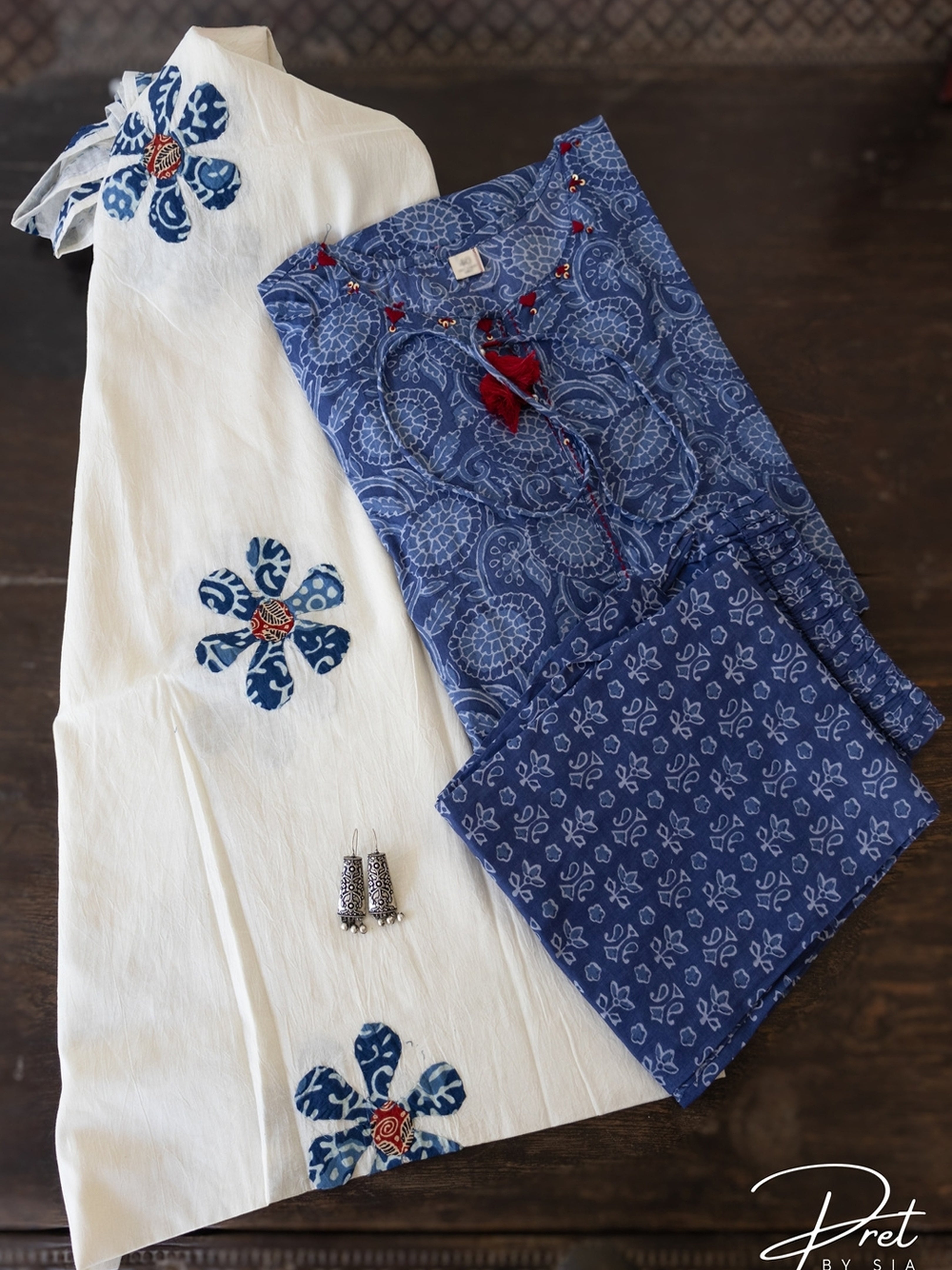 Blue With White Kurta Set Block Print