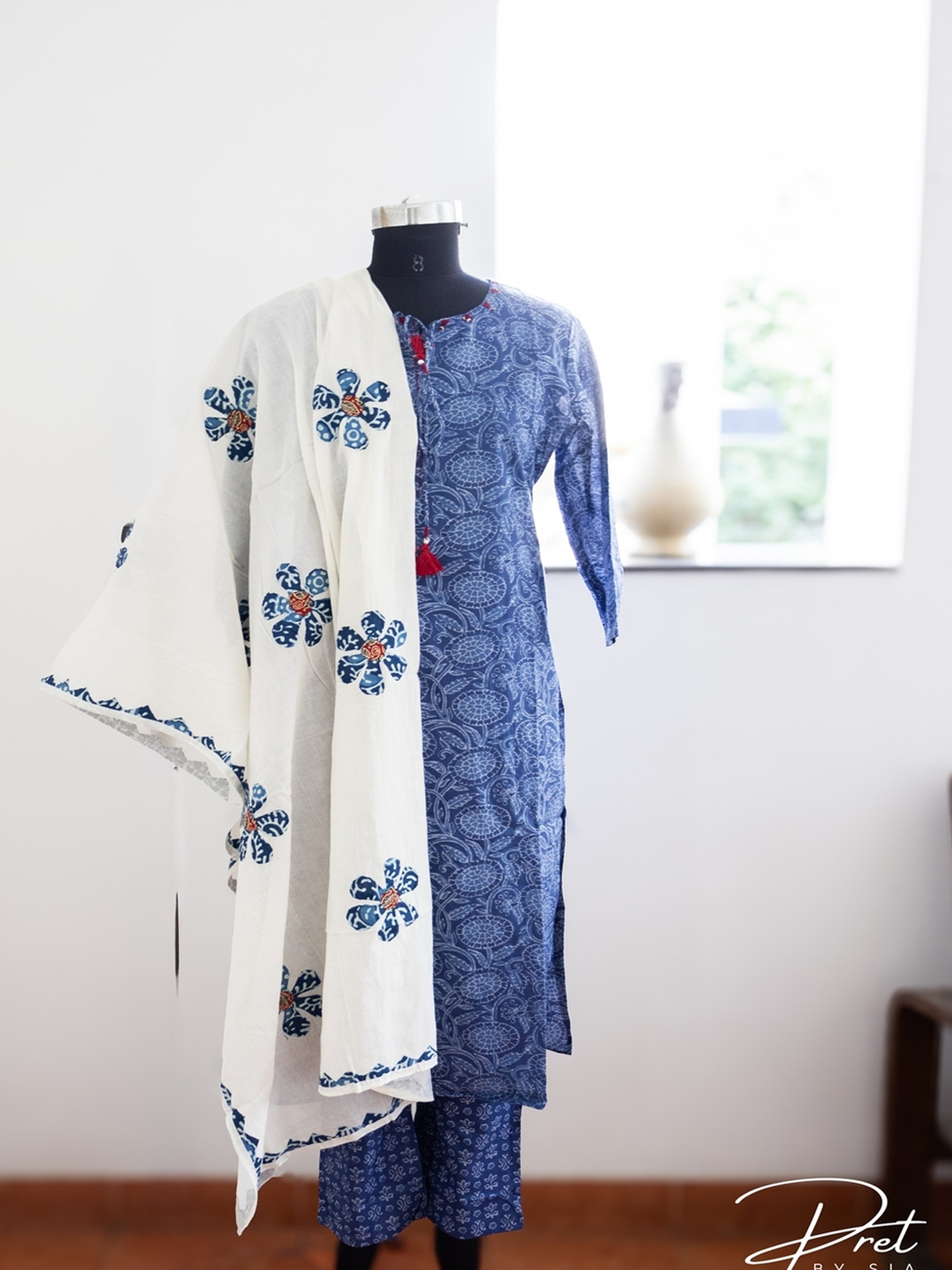Blue With White Kurta Set Block Print