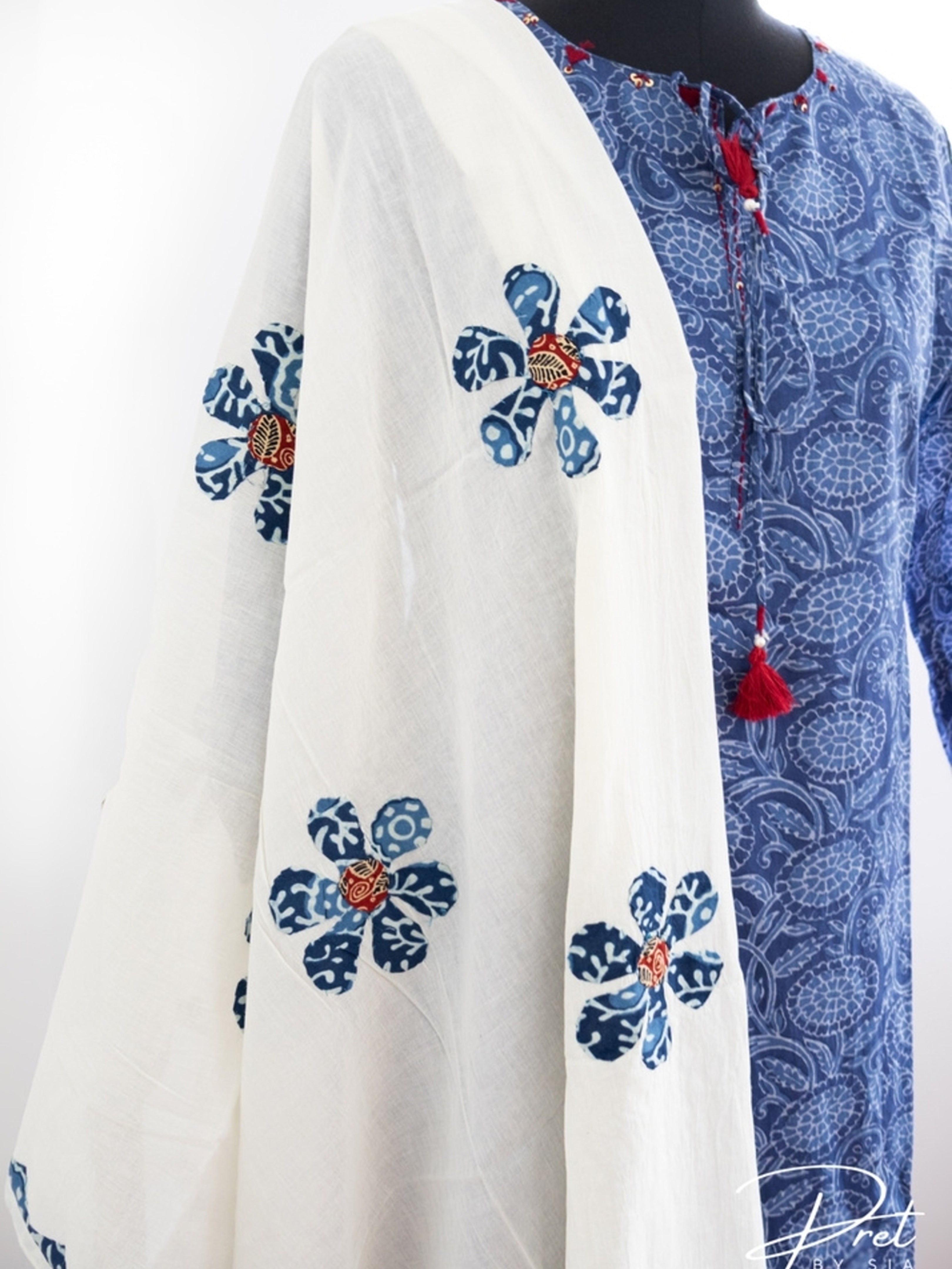 Blue With White Kurta Set Block Print