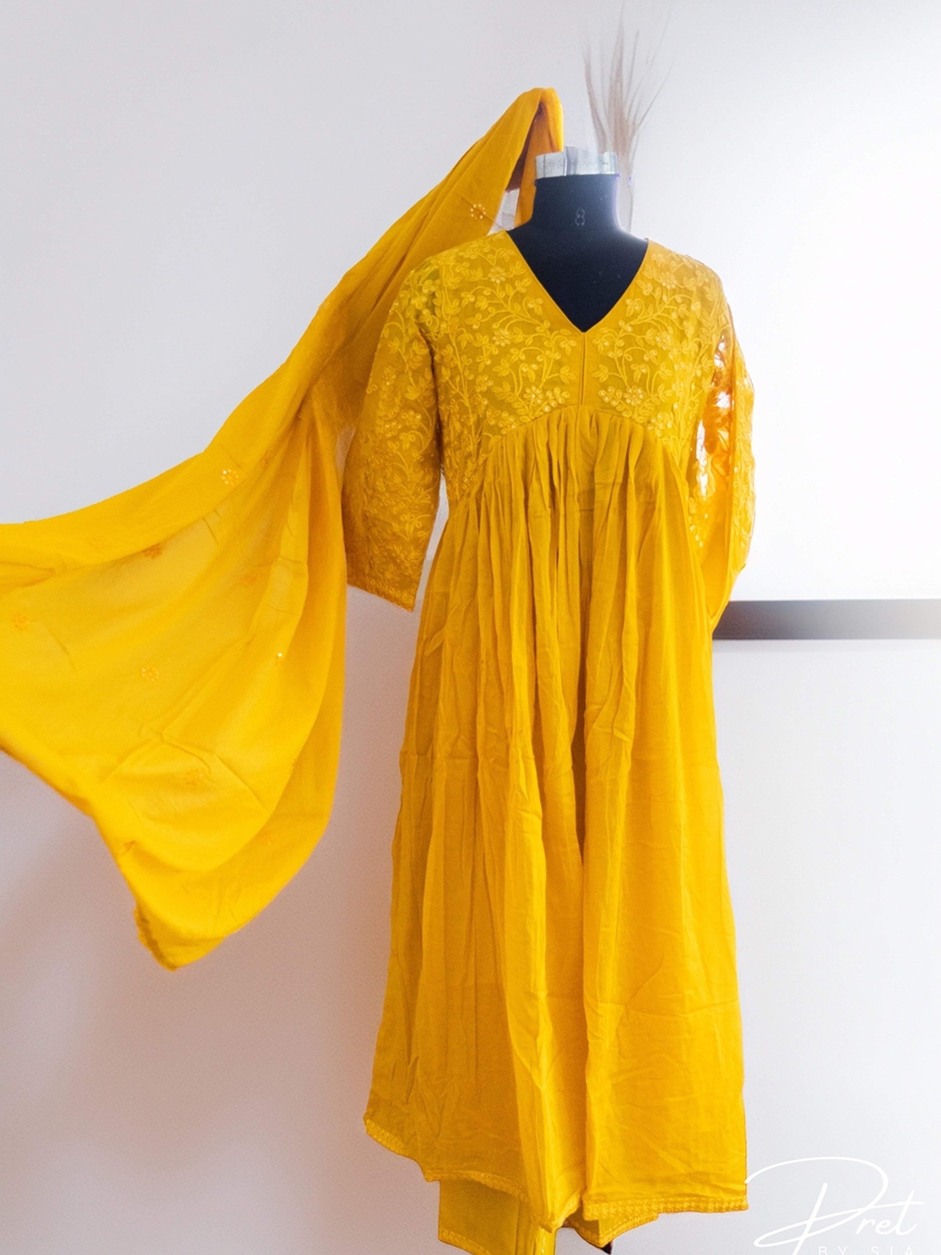 Red and Mustard Kurti Set Embroidery