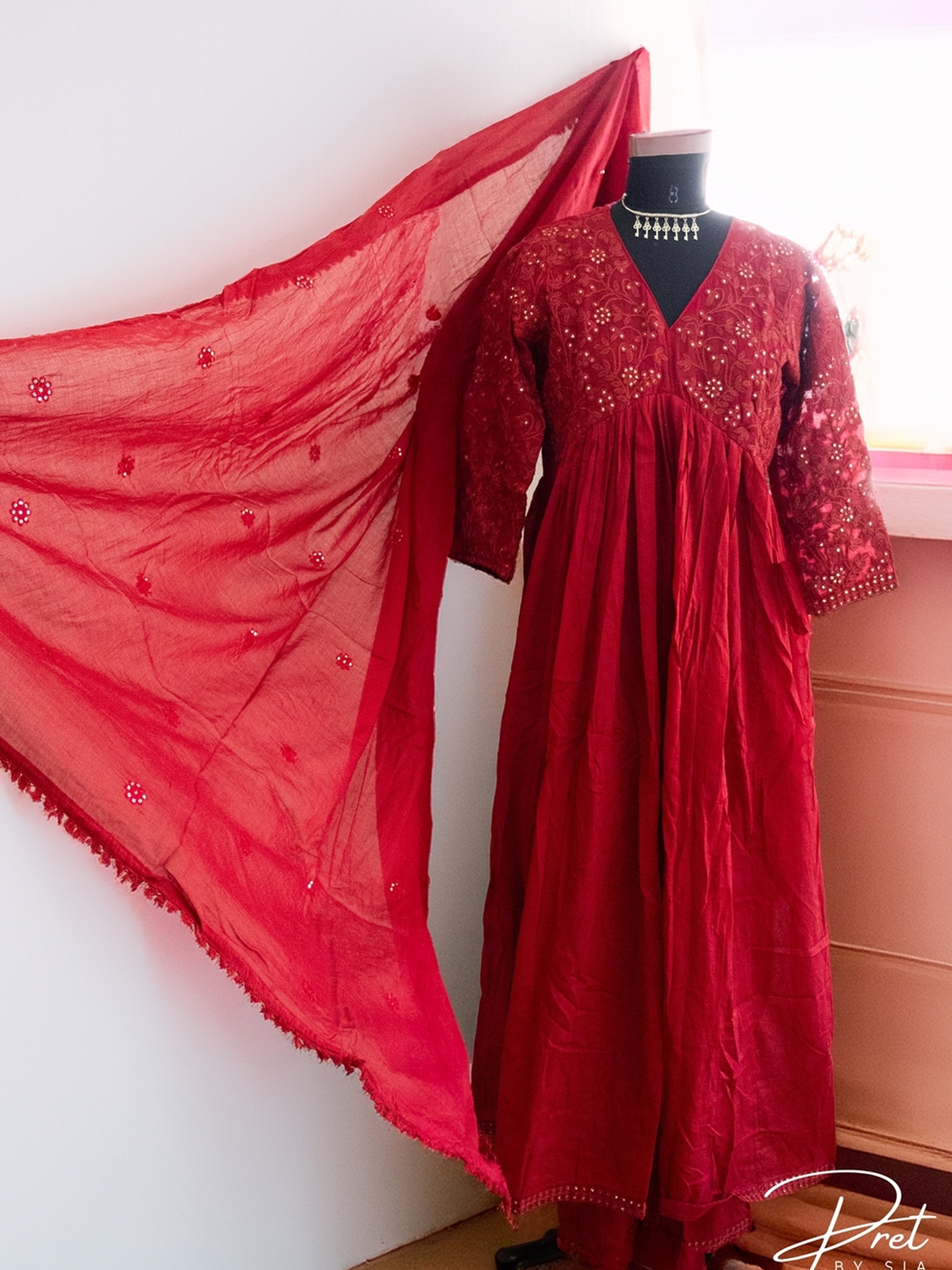 Red and Mustard Kurti Set Embroidery