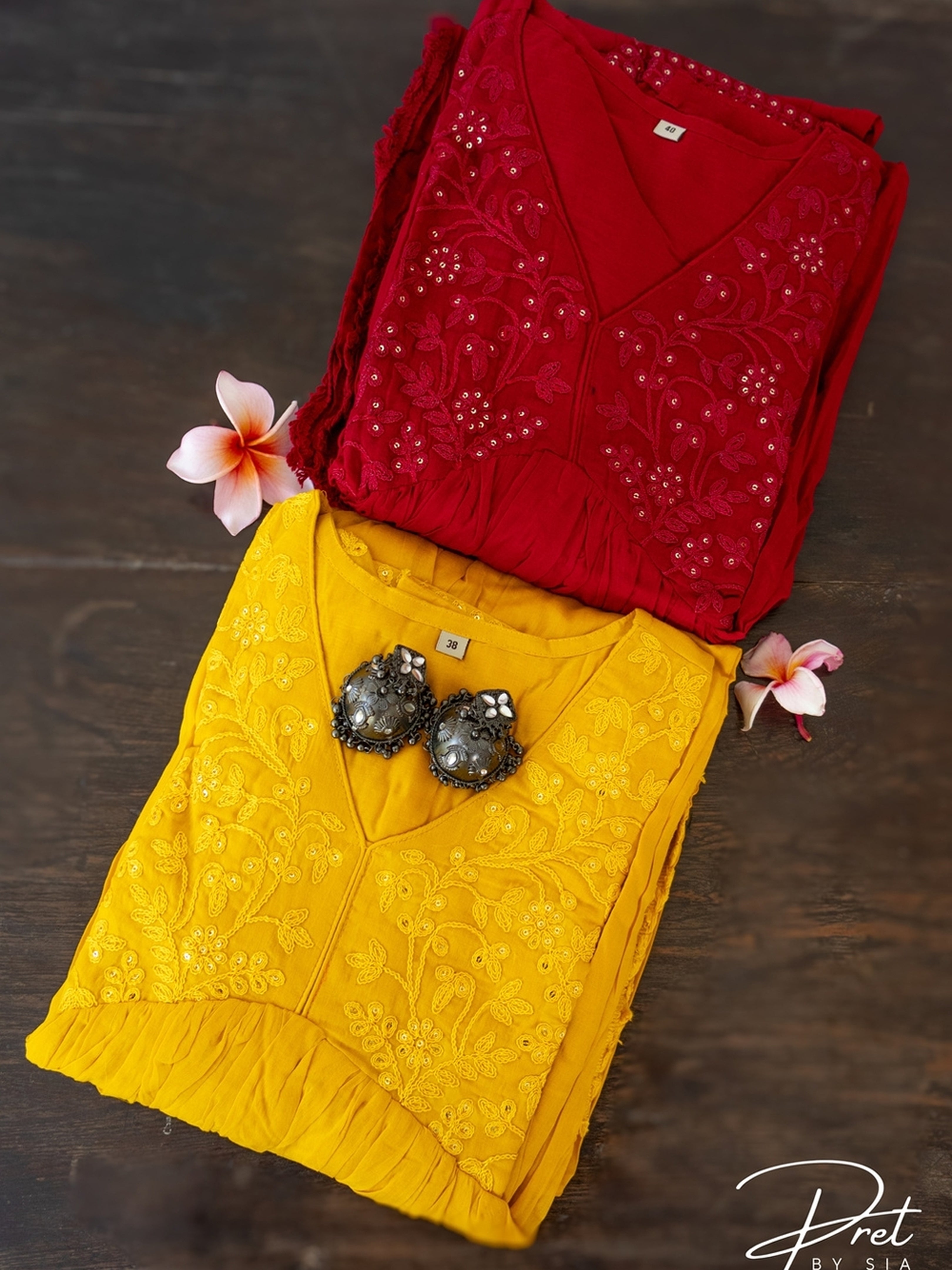 Red and Mustard Kurti Set Embroidery