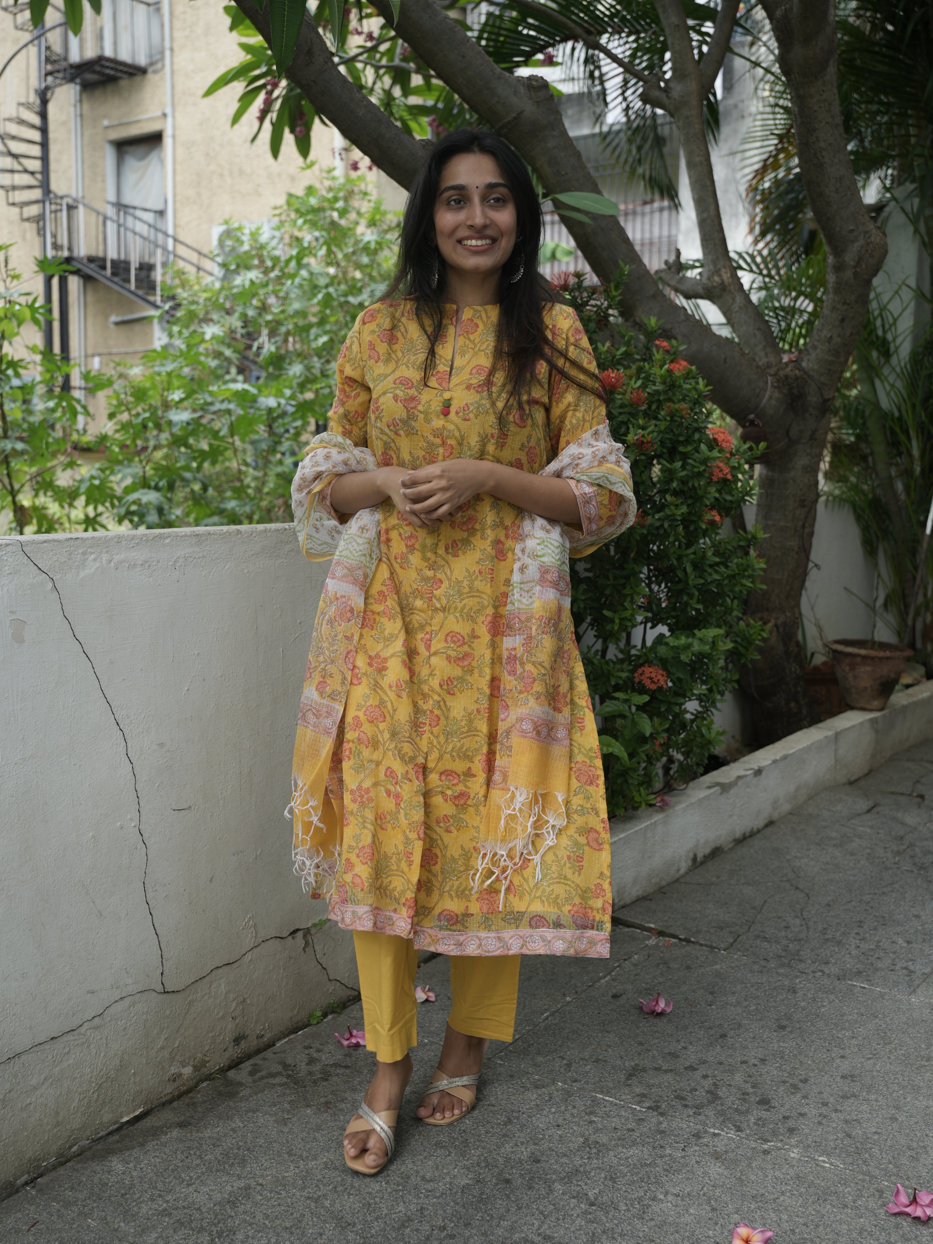 Yellow Flower Print 3 Piece Salwar Set