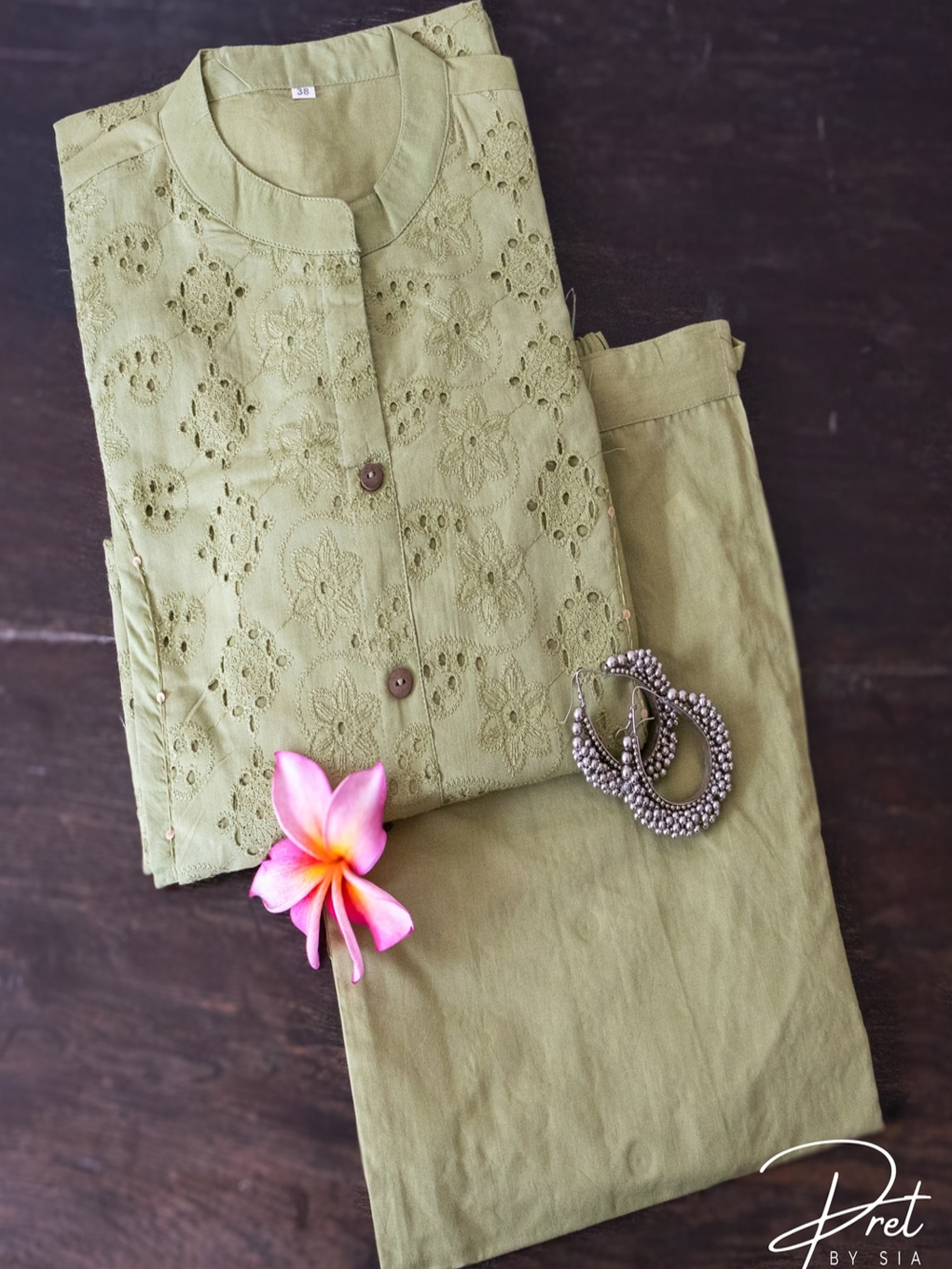 Leaf Green Kurti Set Cut Work Embroidery