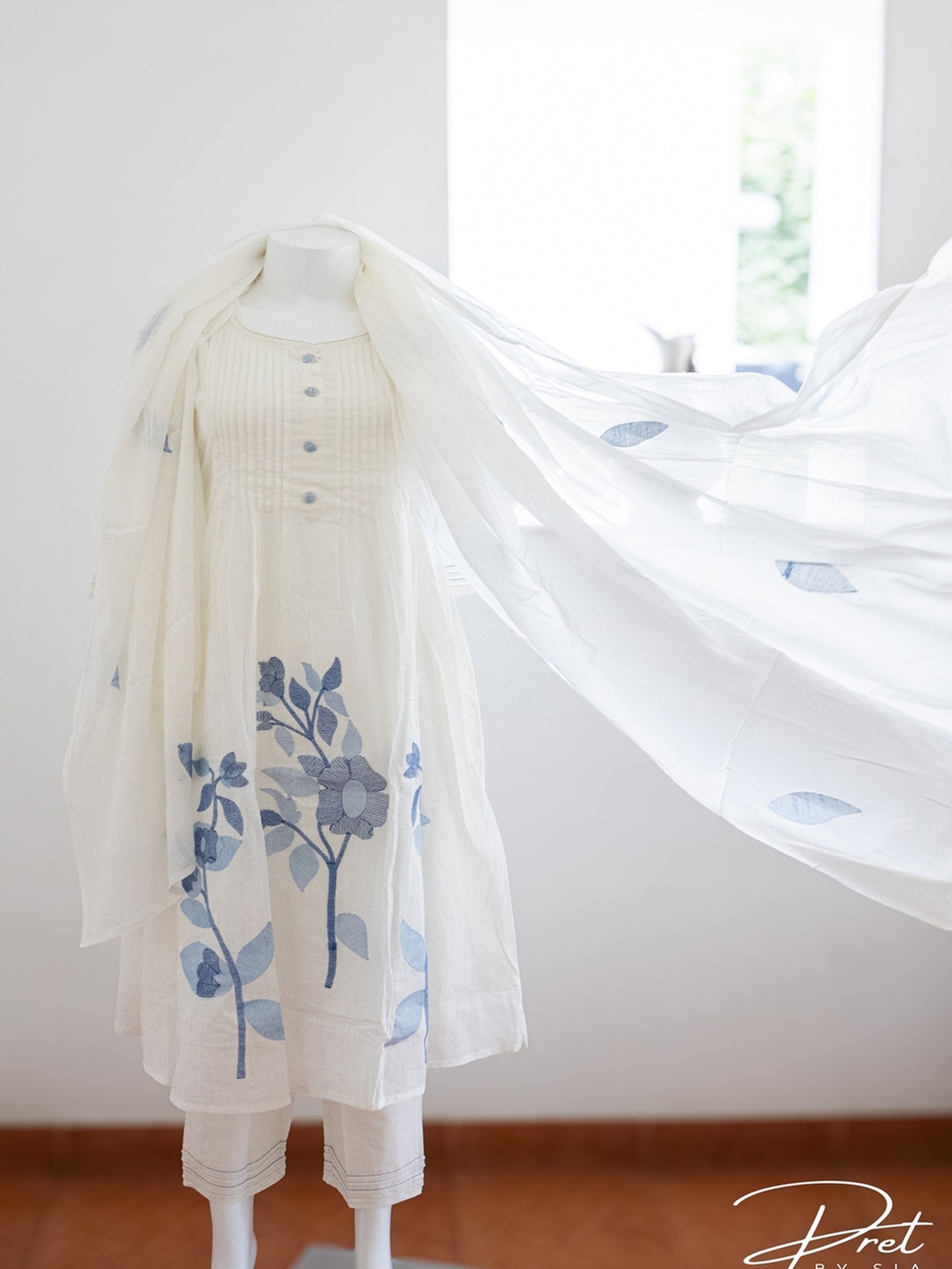 White Kurta Set Self Embroidery