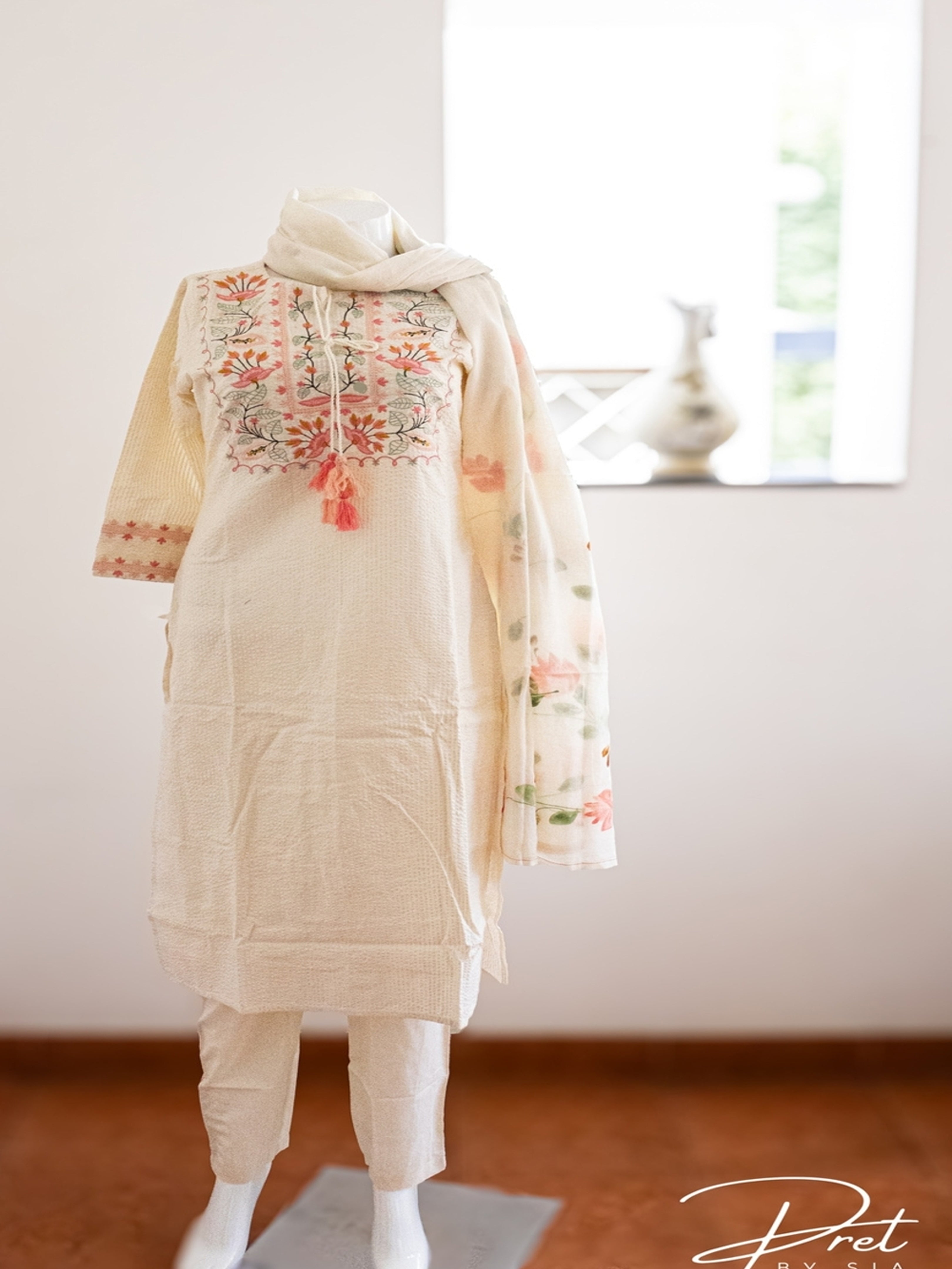 Off White Kurta Set Self Design Embroidery