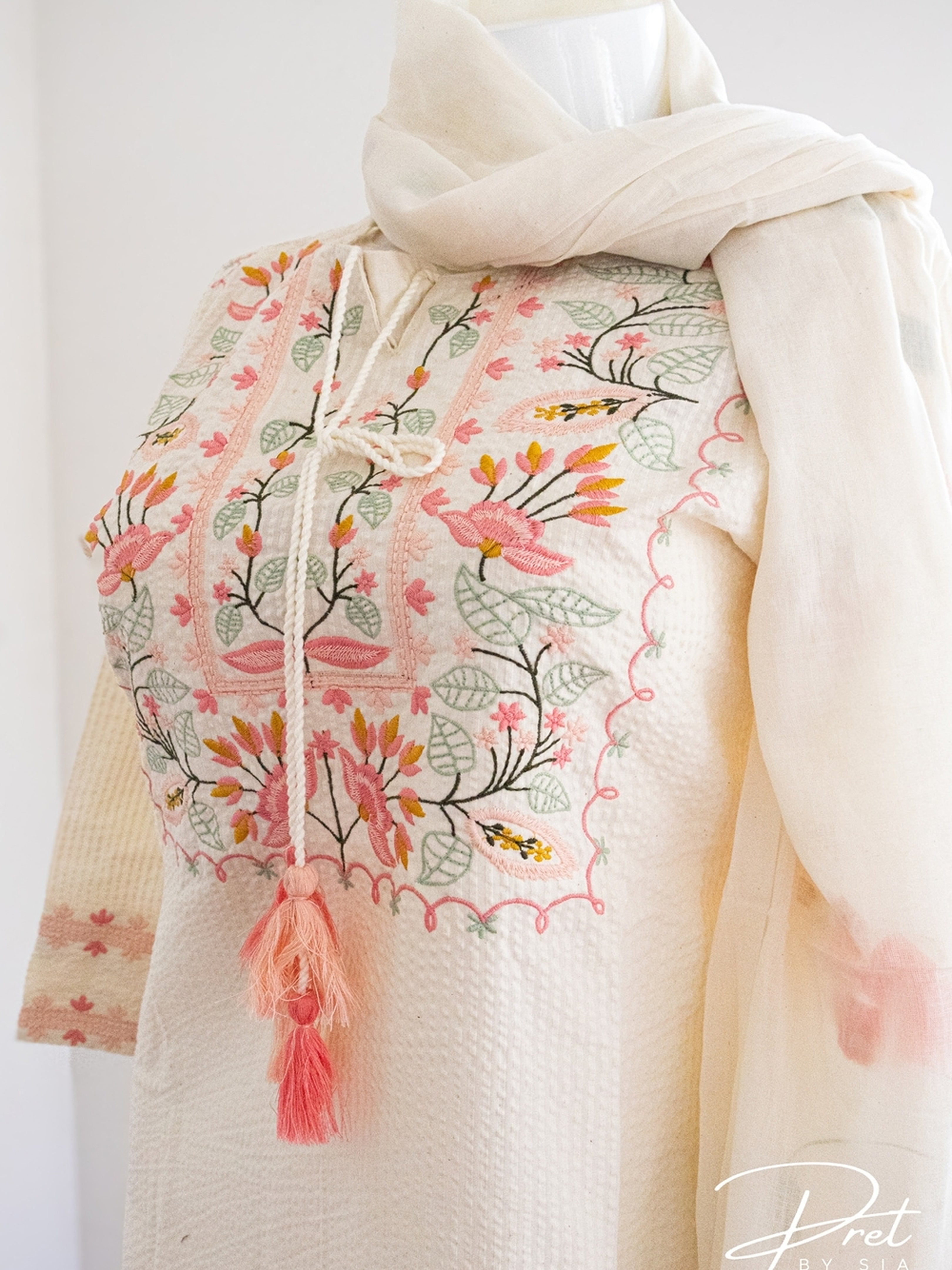 Off White Kurta Set Self Design Embroidery