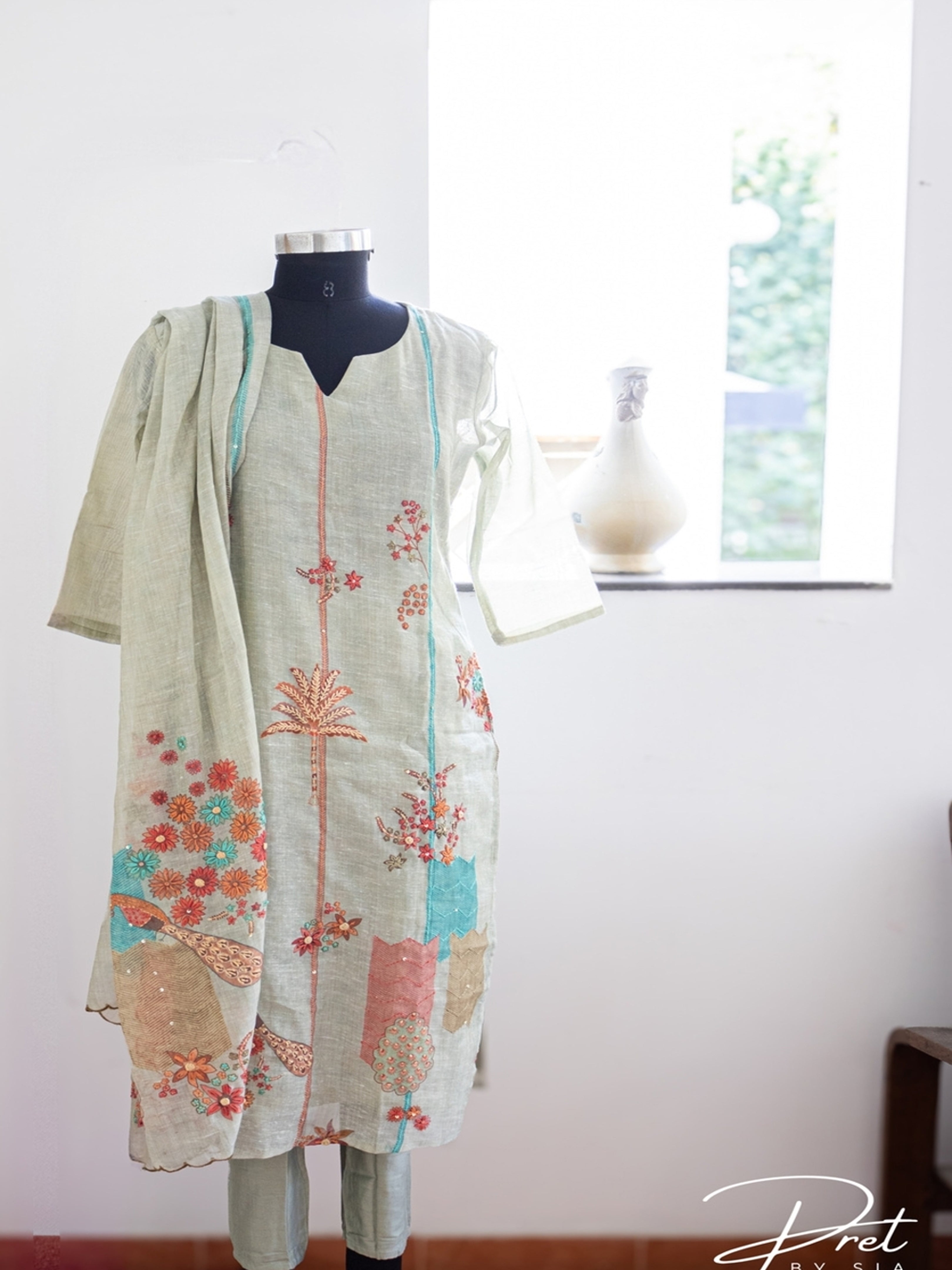 Light Brown and Pista Green Kurti Set Embroidery With Embroidery Dupatta