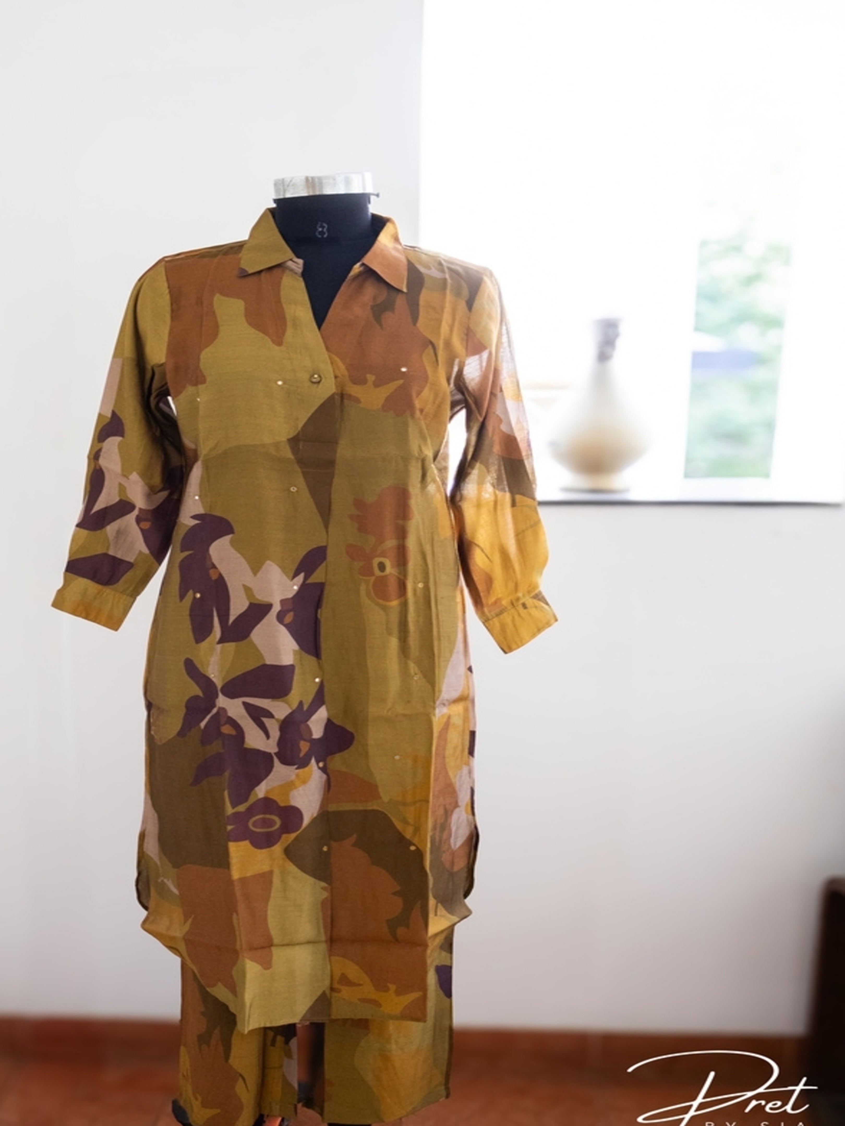 Mustard With Brown Kurti Coord Set Military Inspired Camouflage Print