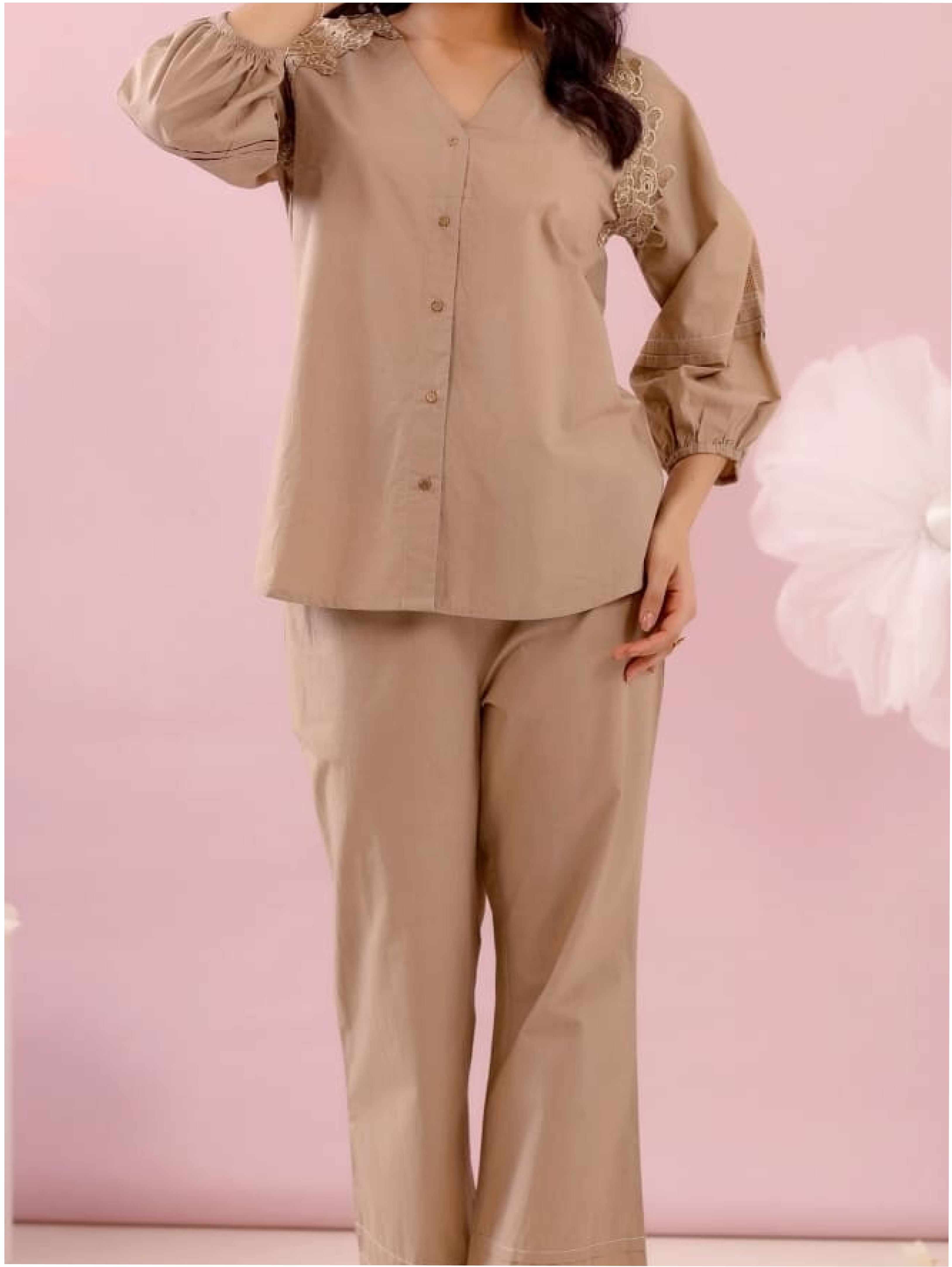 Beige Shoulder Lace Coord Set