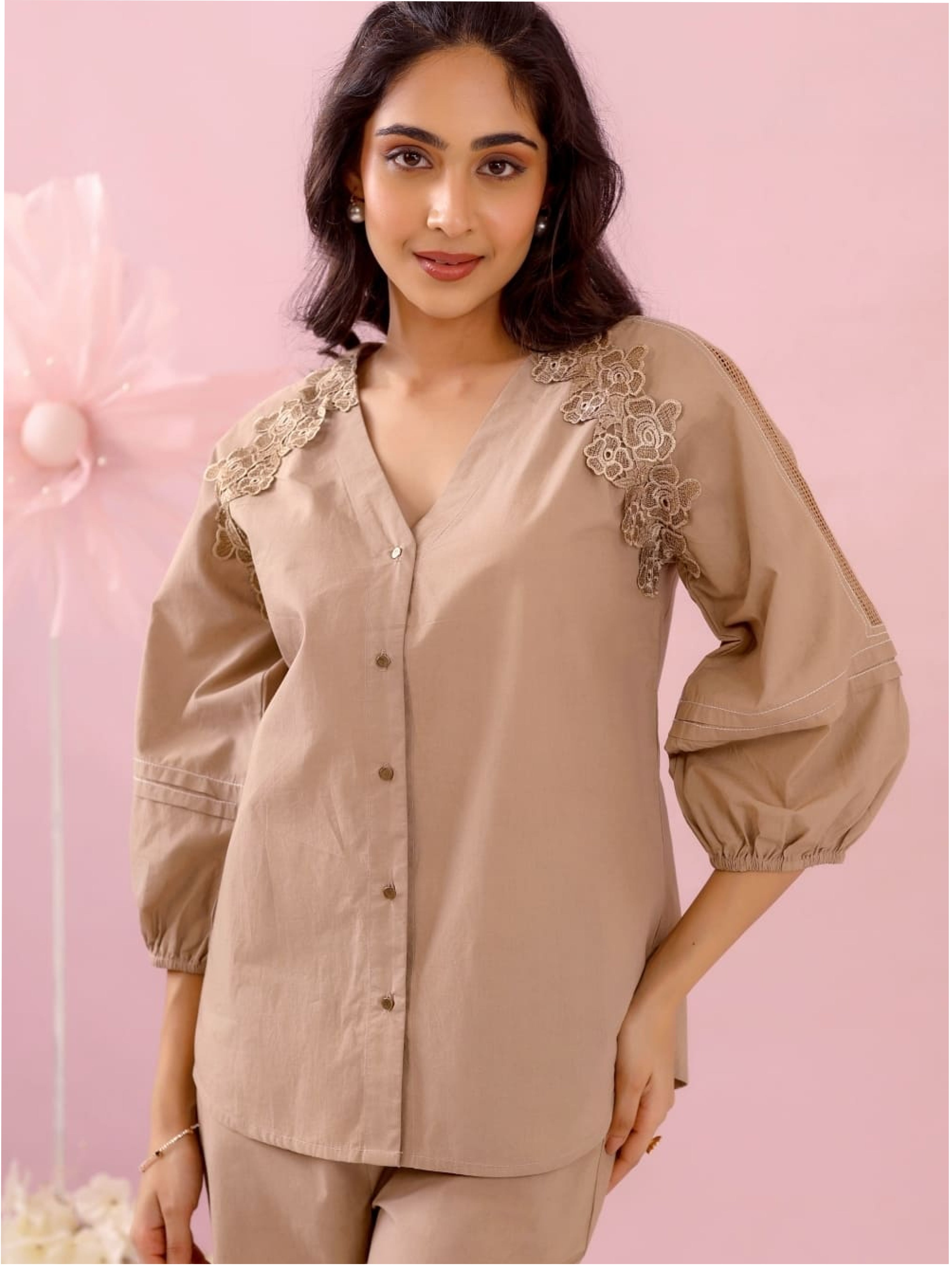 Beige Shoulder Lace Coord Set