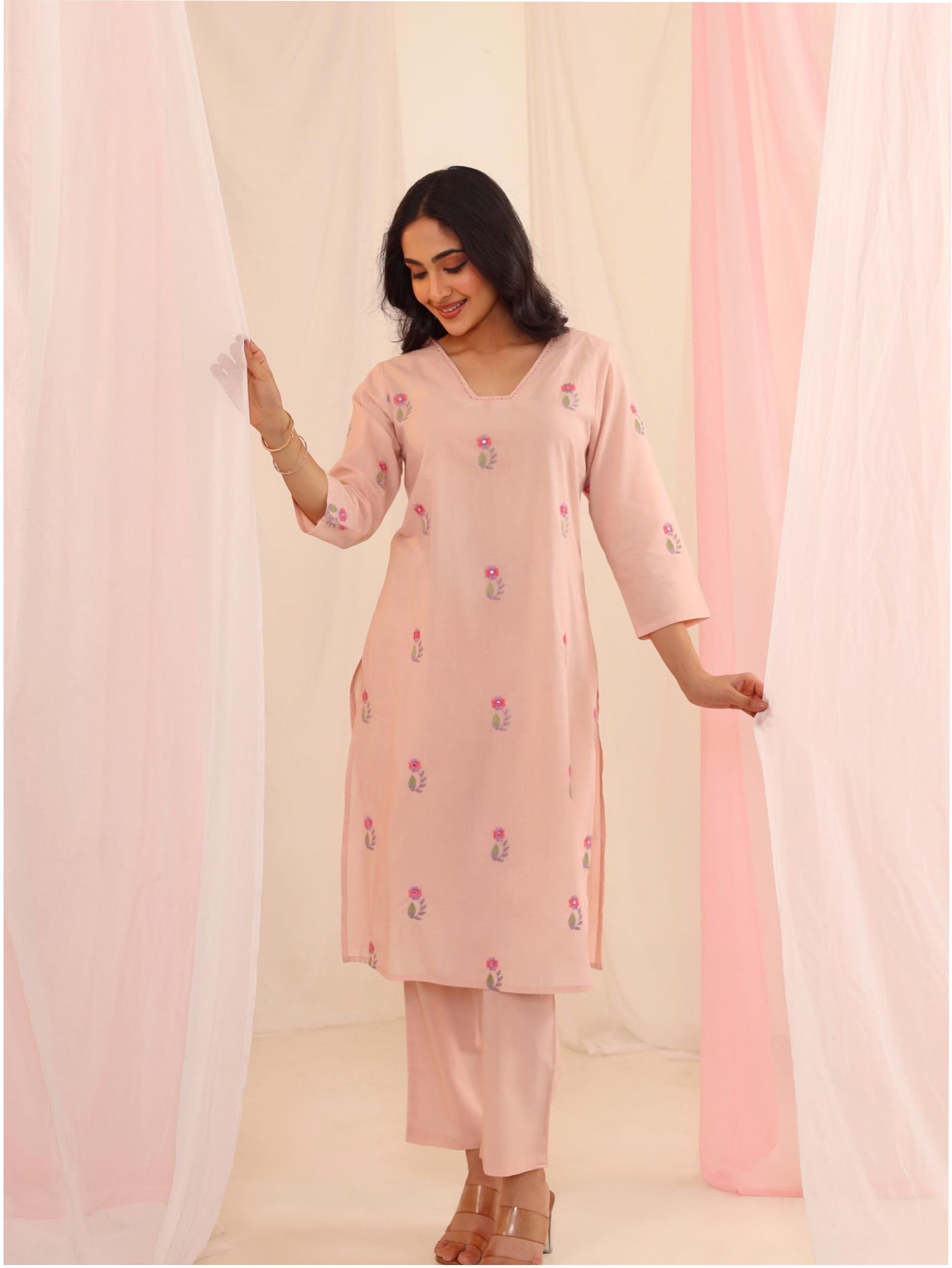 Pink and Pastel Blue Kurti Coord Board V Neck With pastel Embroidery