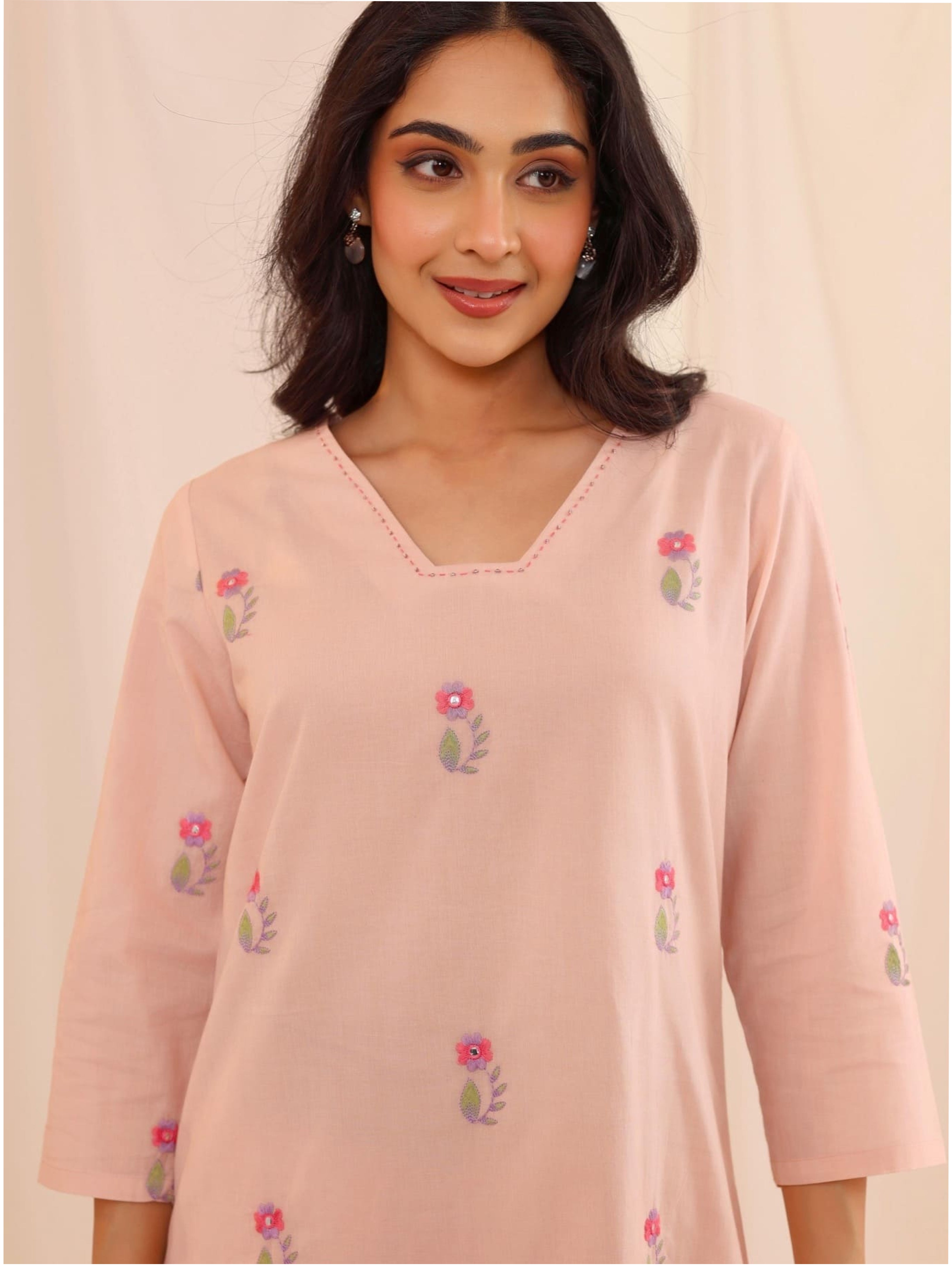 Pink and Pastel Blue Kurti Coord Board V Neck With pastel Embroidery
