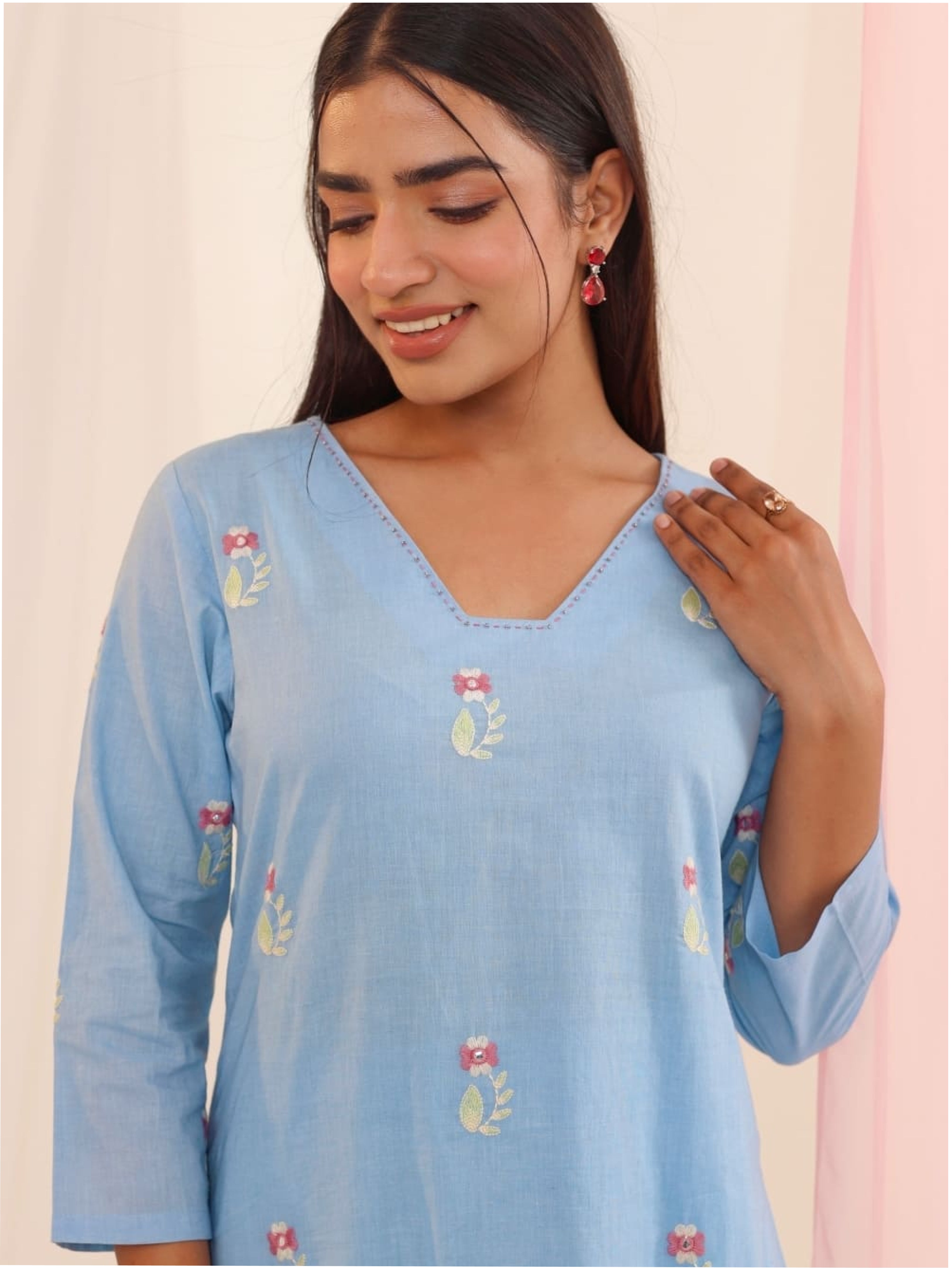 Pink and Pastel Blue Kurti Coord Board V Neck With pastel Embroidery