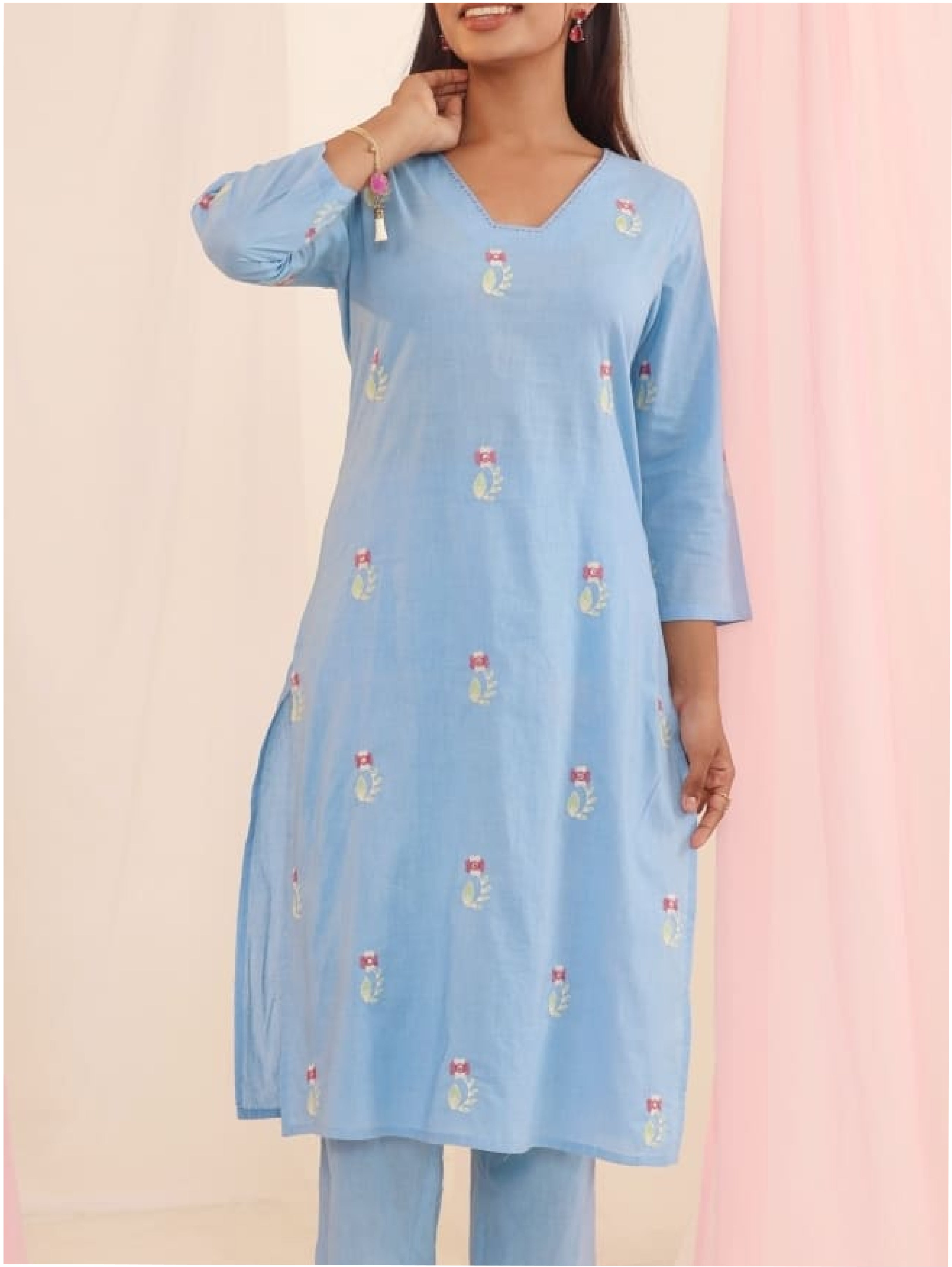 Pink and Pastel Blue Kurti Coord Board V Neck With pastel Embroidery