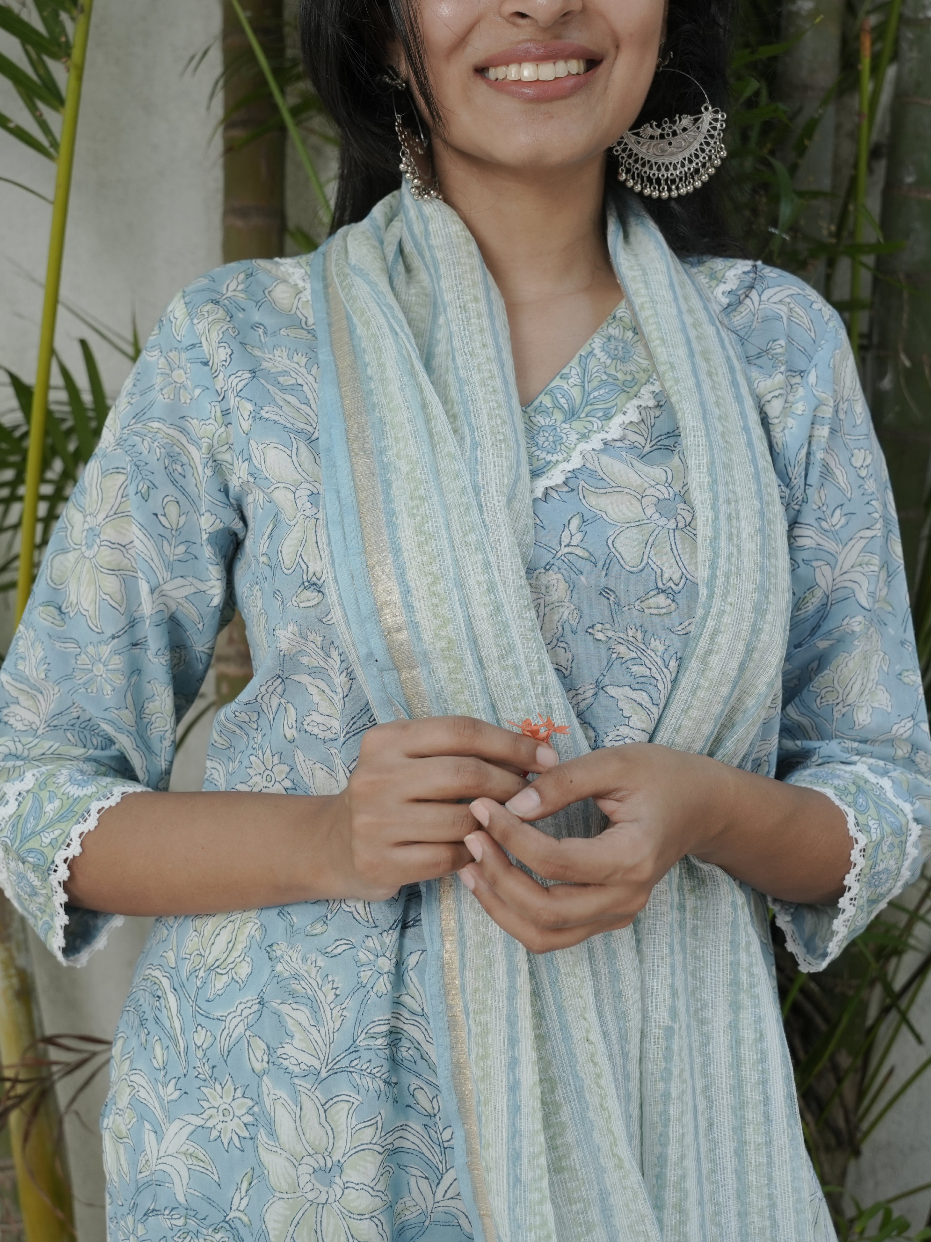 Blue With Grey Flowered 3 Piece Salwar Set With Duppatta