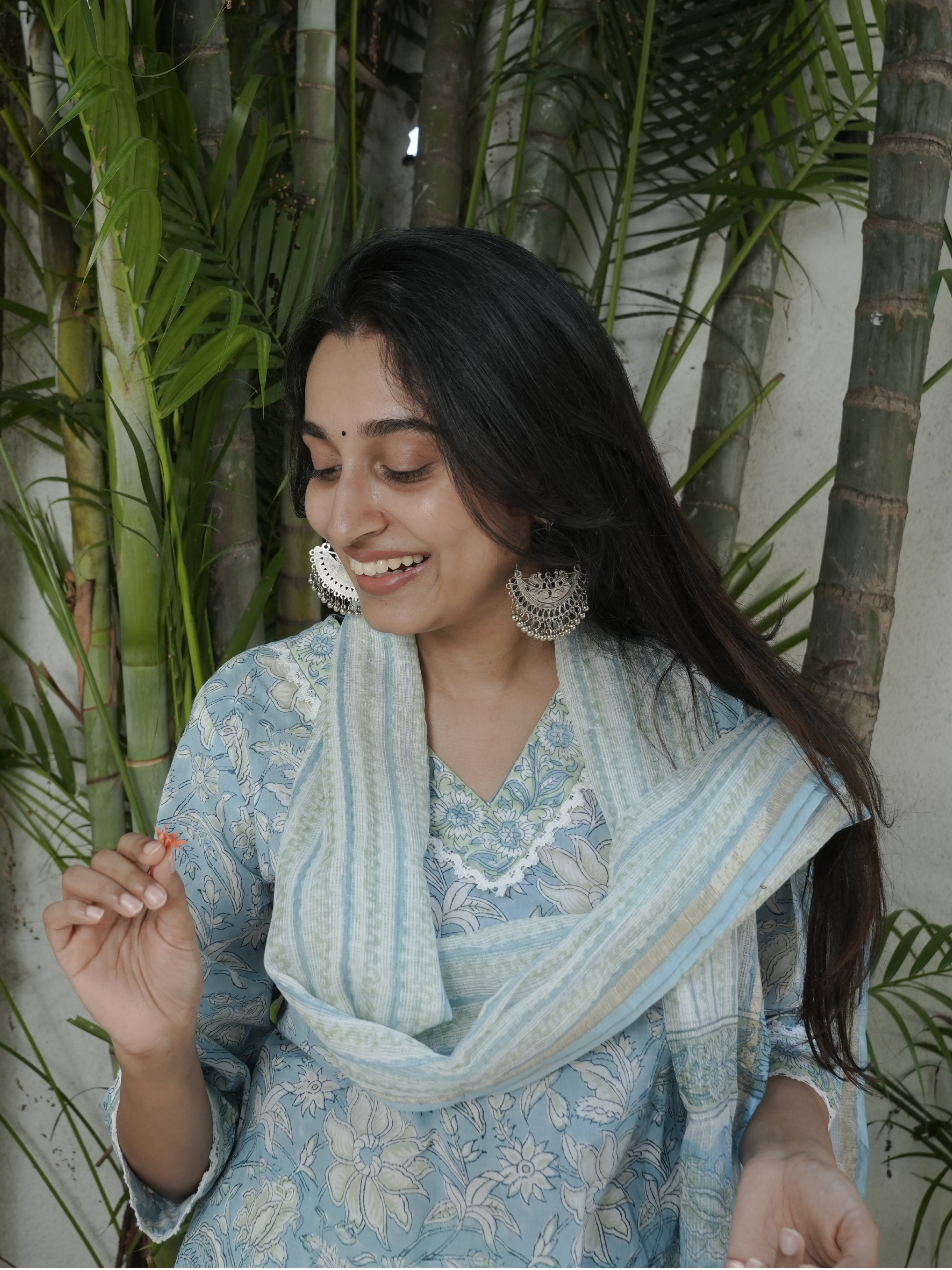 Blue With Grey Flowered 3 Piece Salwar Set With Duppatta