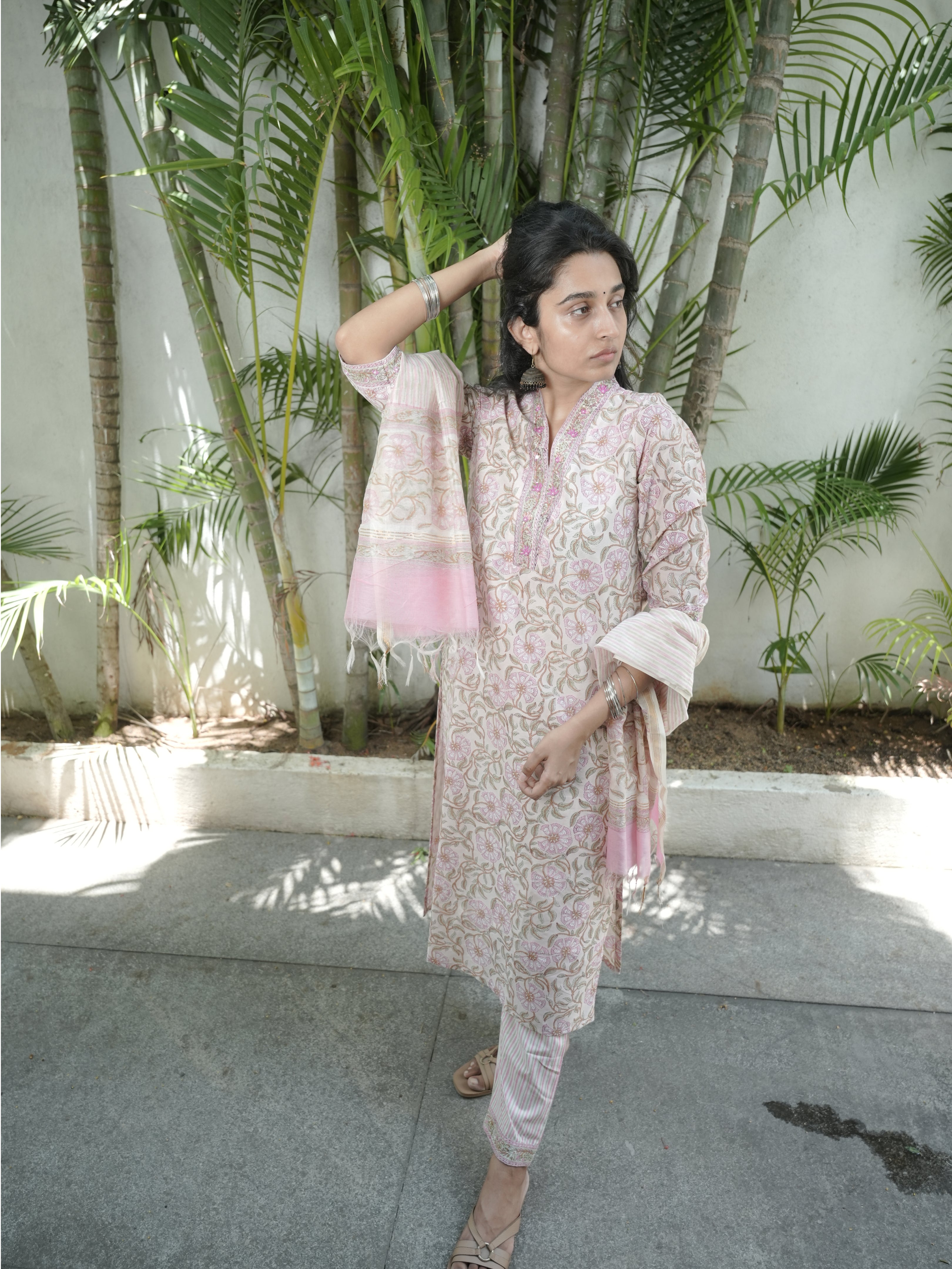 Beige With Pink 3 Piece Salwar Set