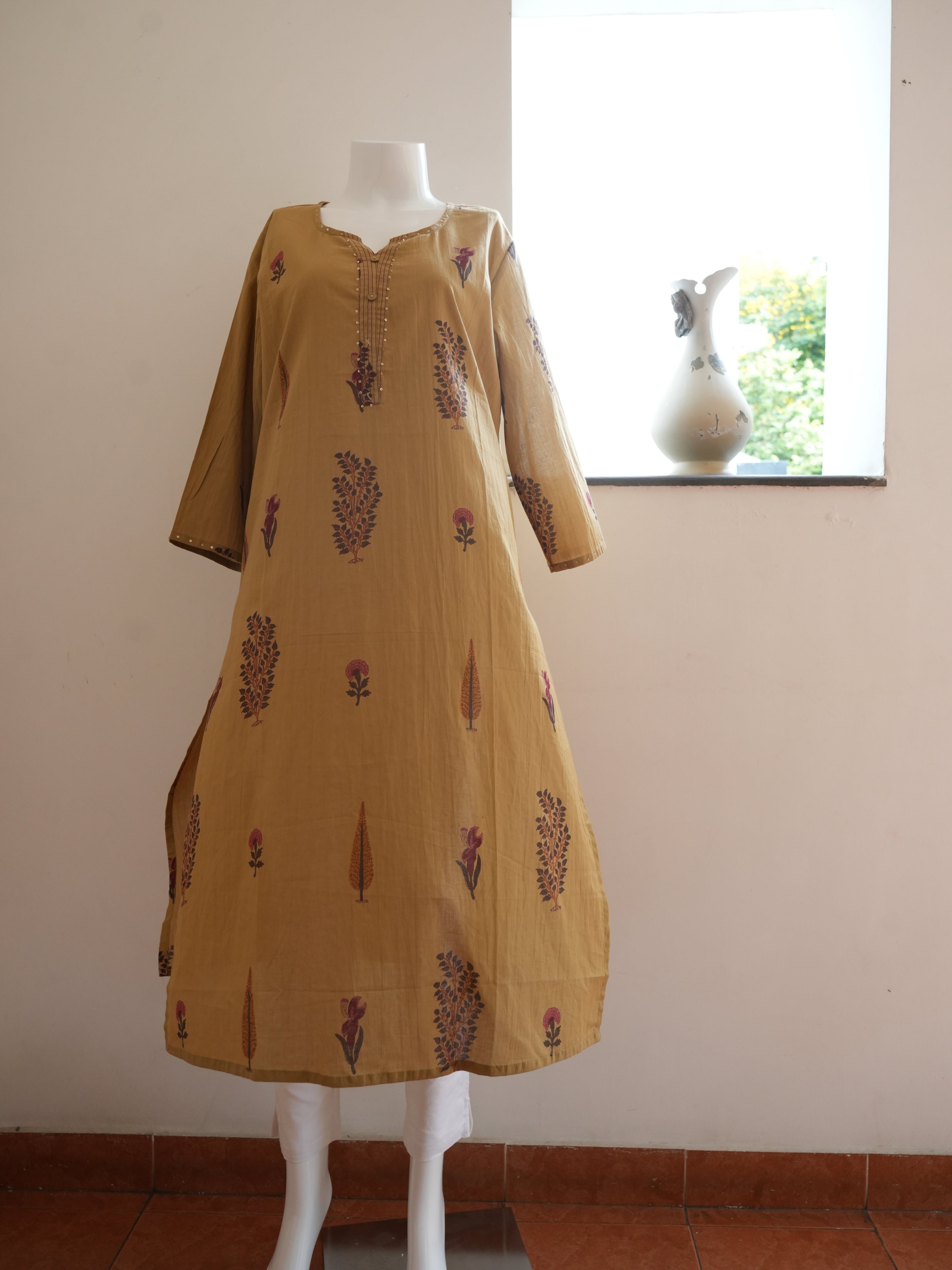 Mustard Yellow Flower Printed 1 Piece Long Kurtha