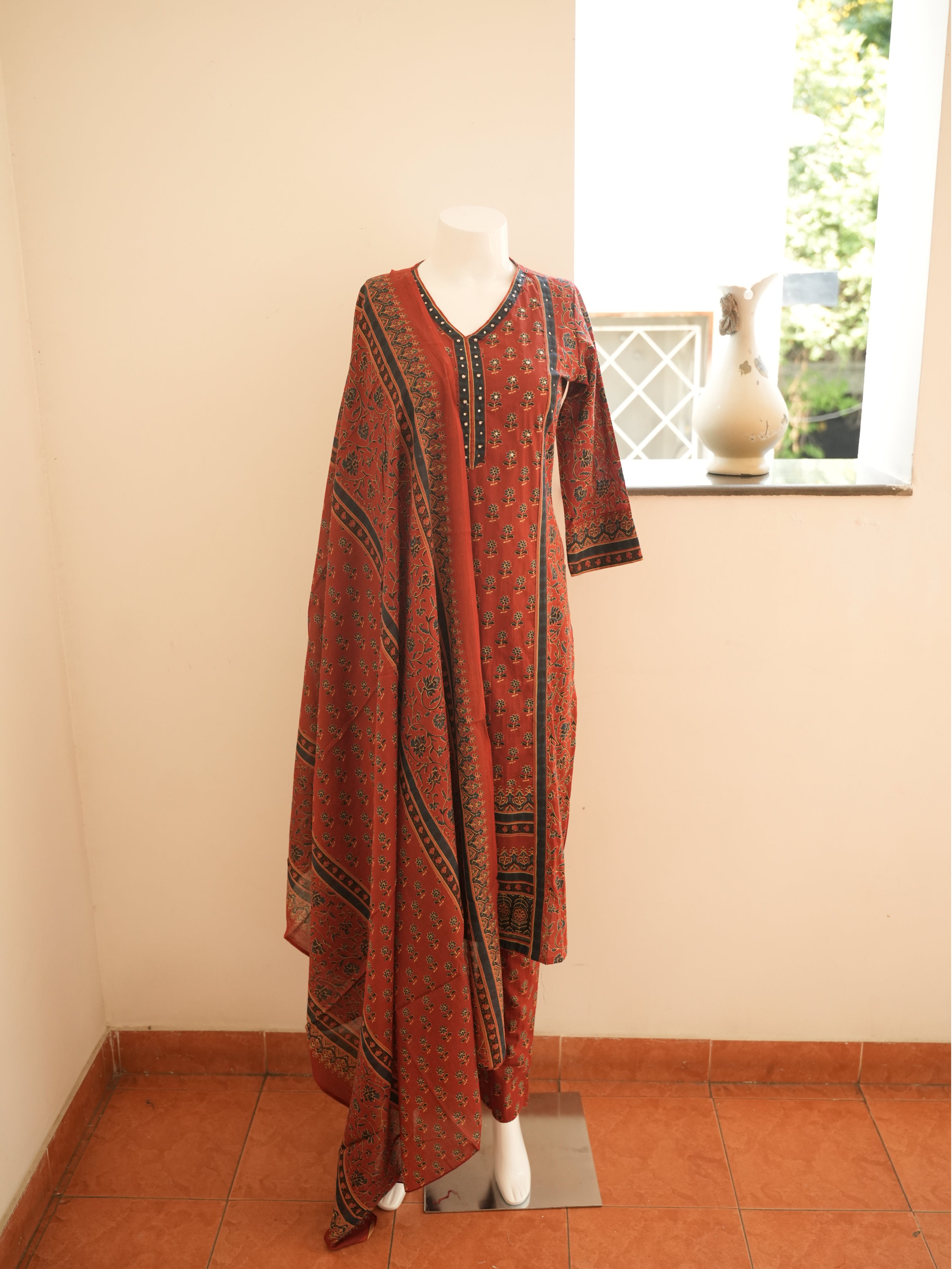 Maroon with Blue 3 Piece Block Print Set