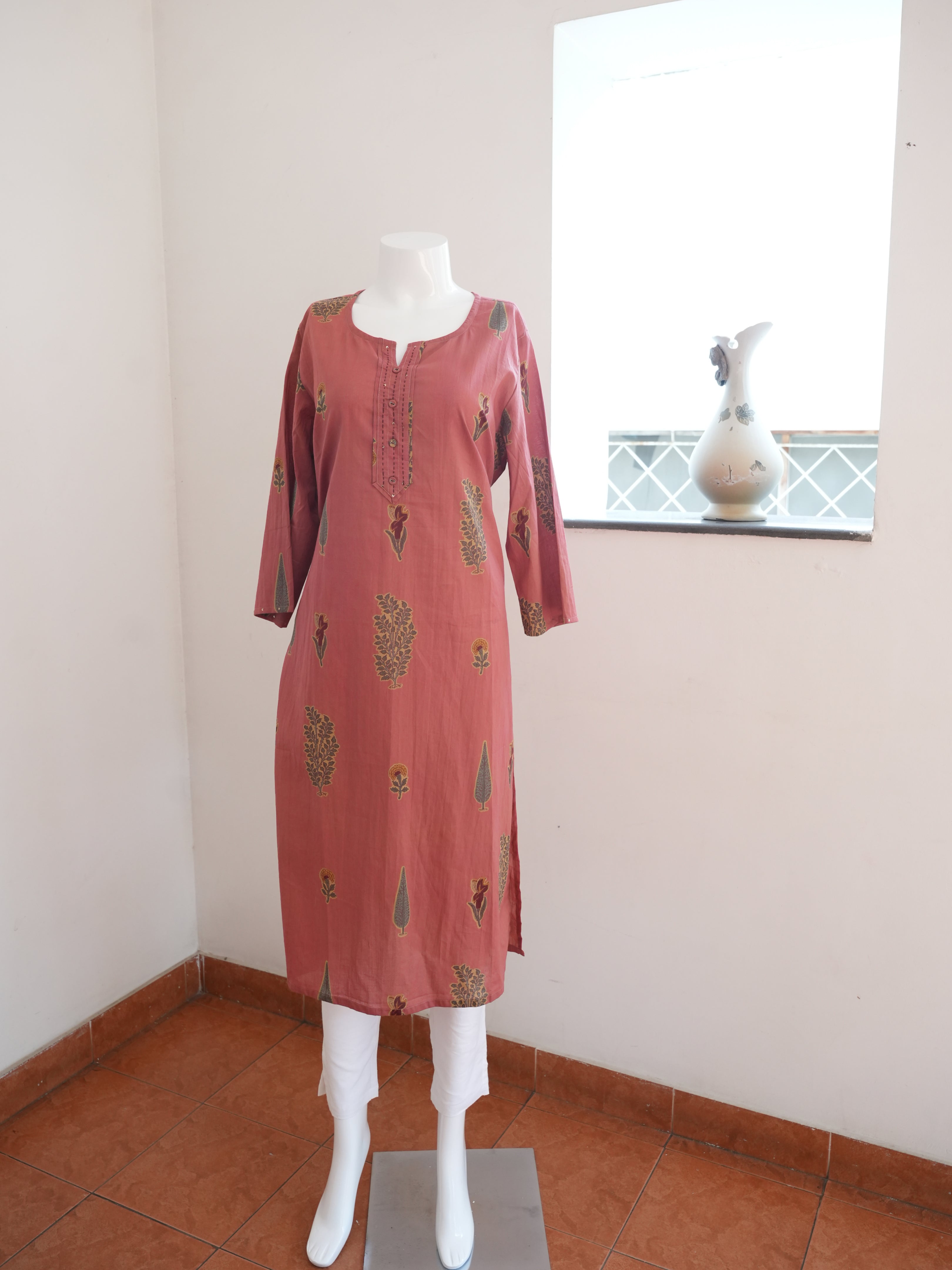 Pinkish Maroon Flower Printed 1 Piece Long Kurtha