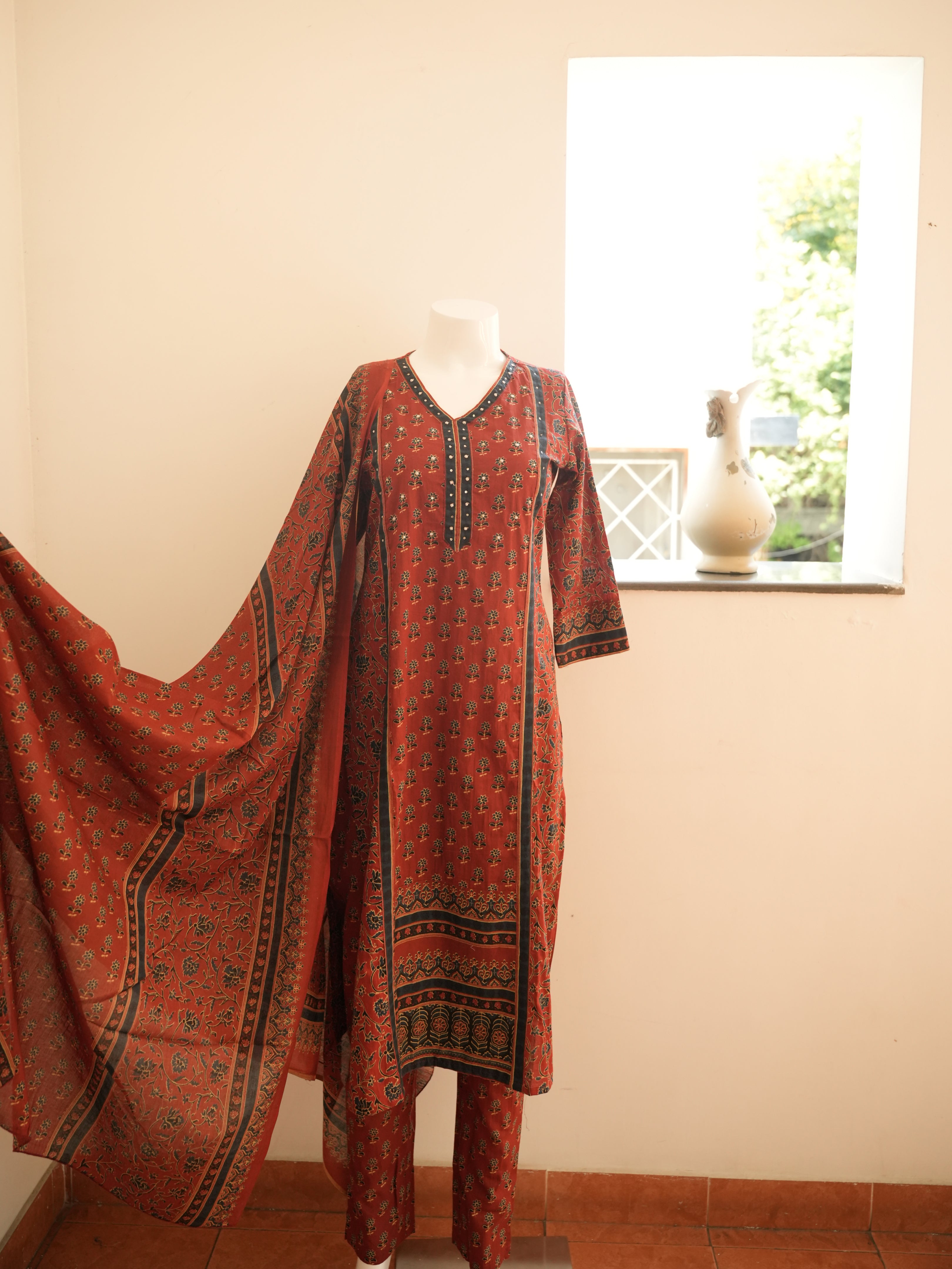 Maroon with Blue 3 Piece Block Print Set