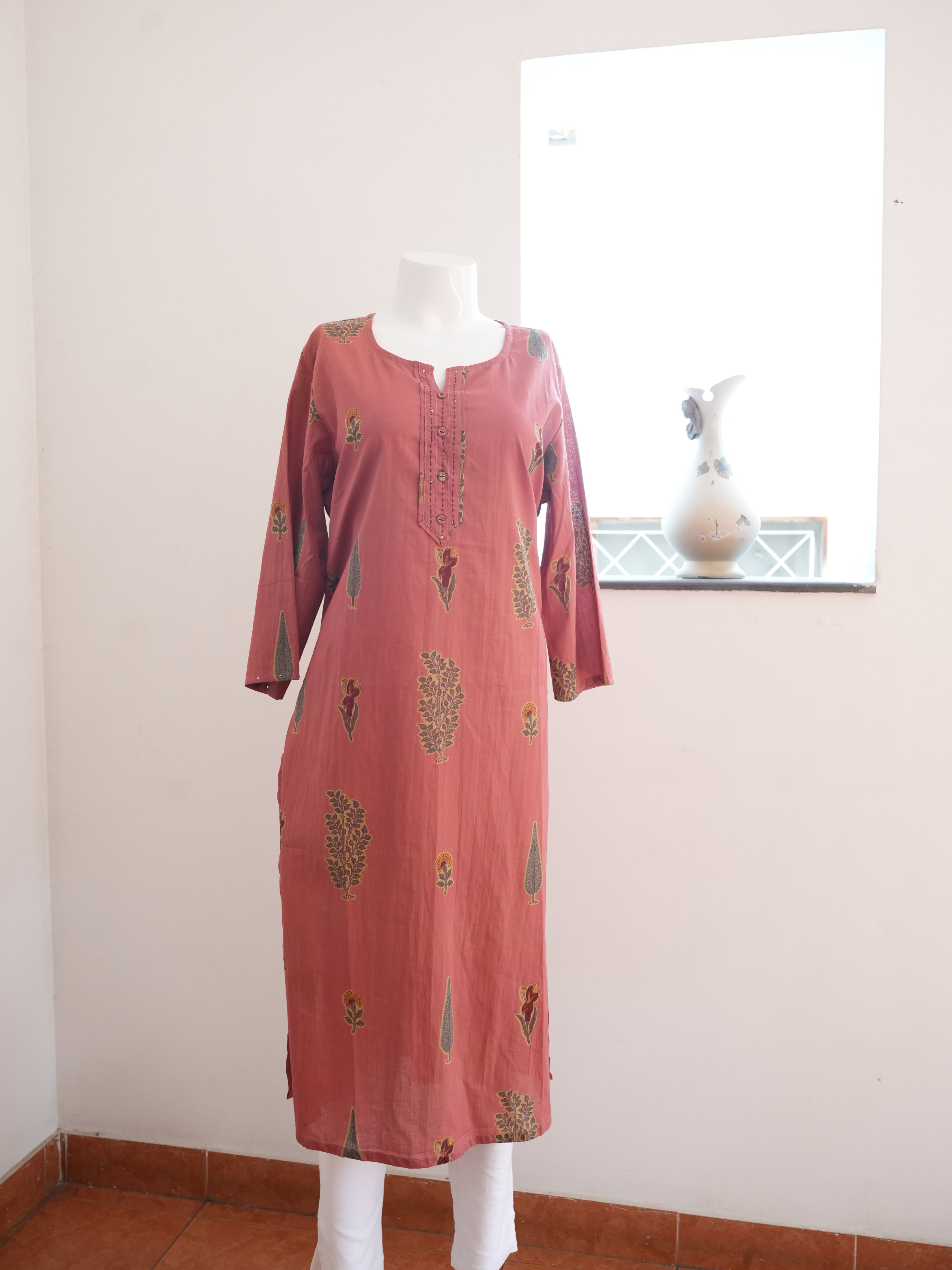 Pinkish Maroon Flower Printed 1 Piece Long Kurtha