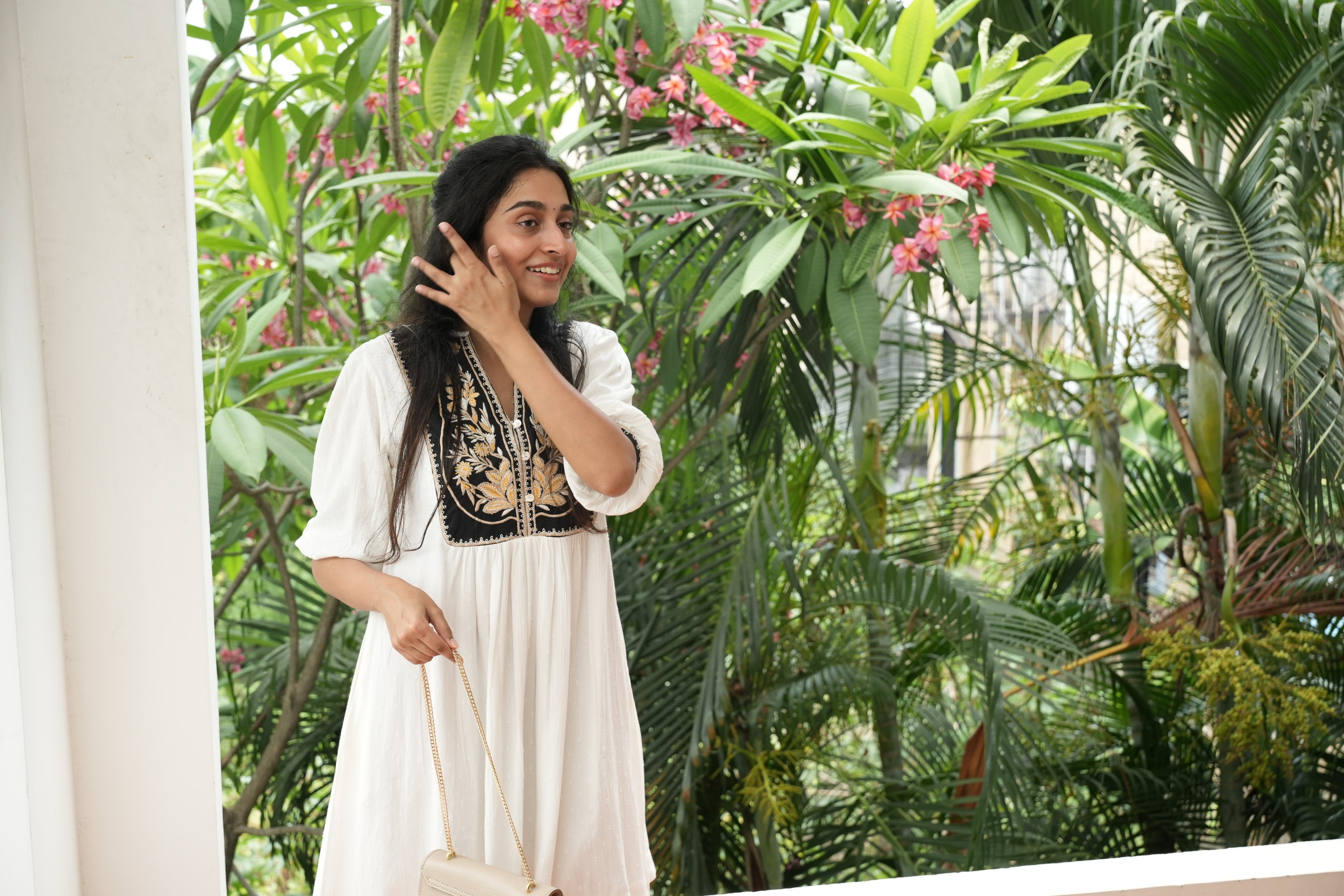 Black and White Knee Length Short Dress With Embroidery