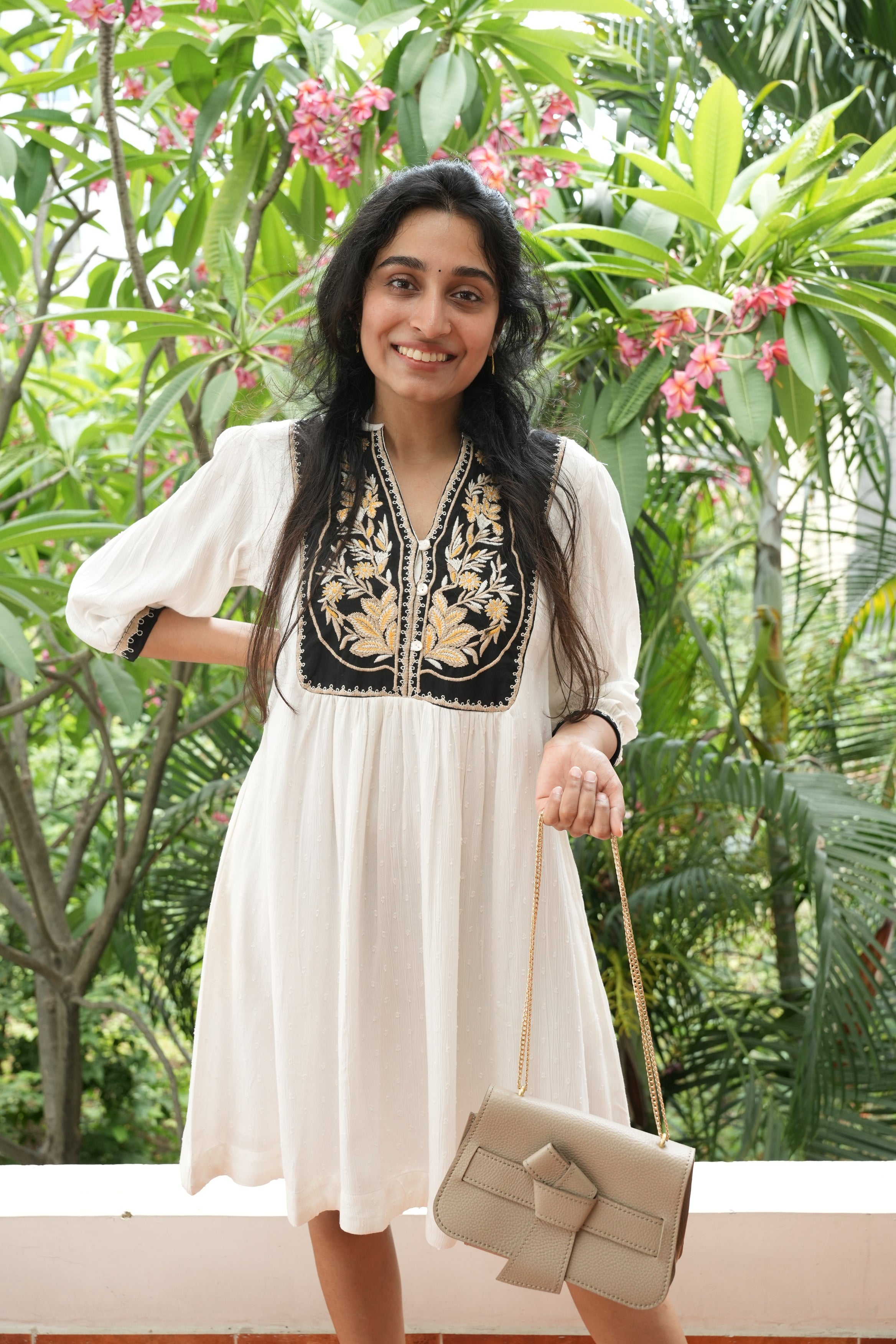 Black and White Knee Length Short Dress With Embroidery